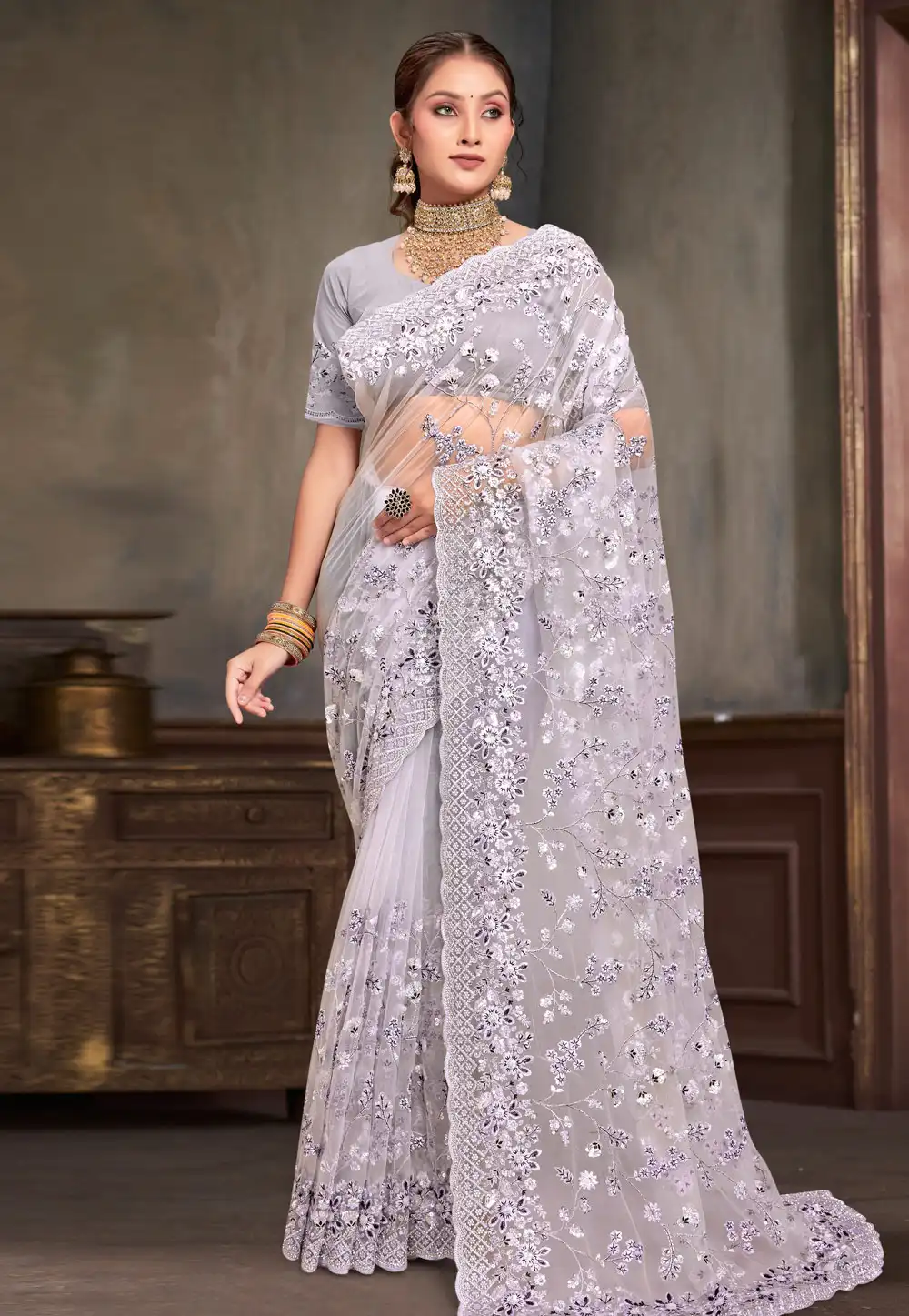 Lavender Net Saree With Blouse 293745