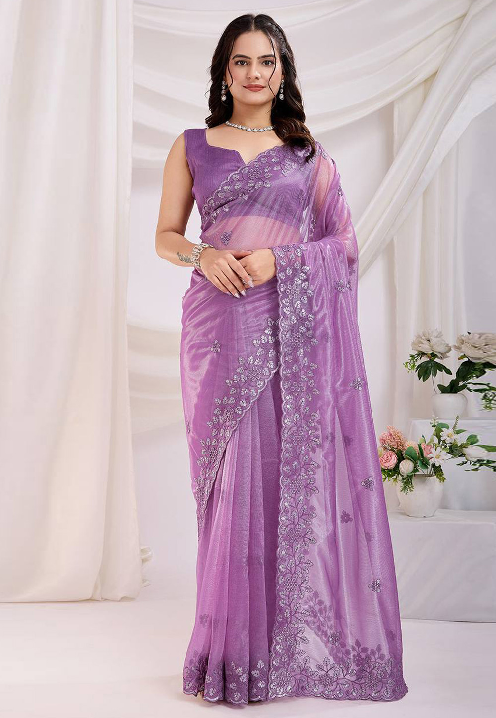 Lavender Net Saree With Blouse 304977