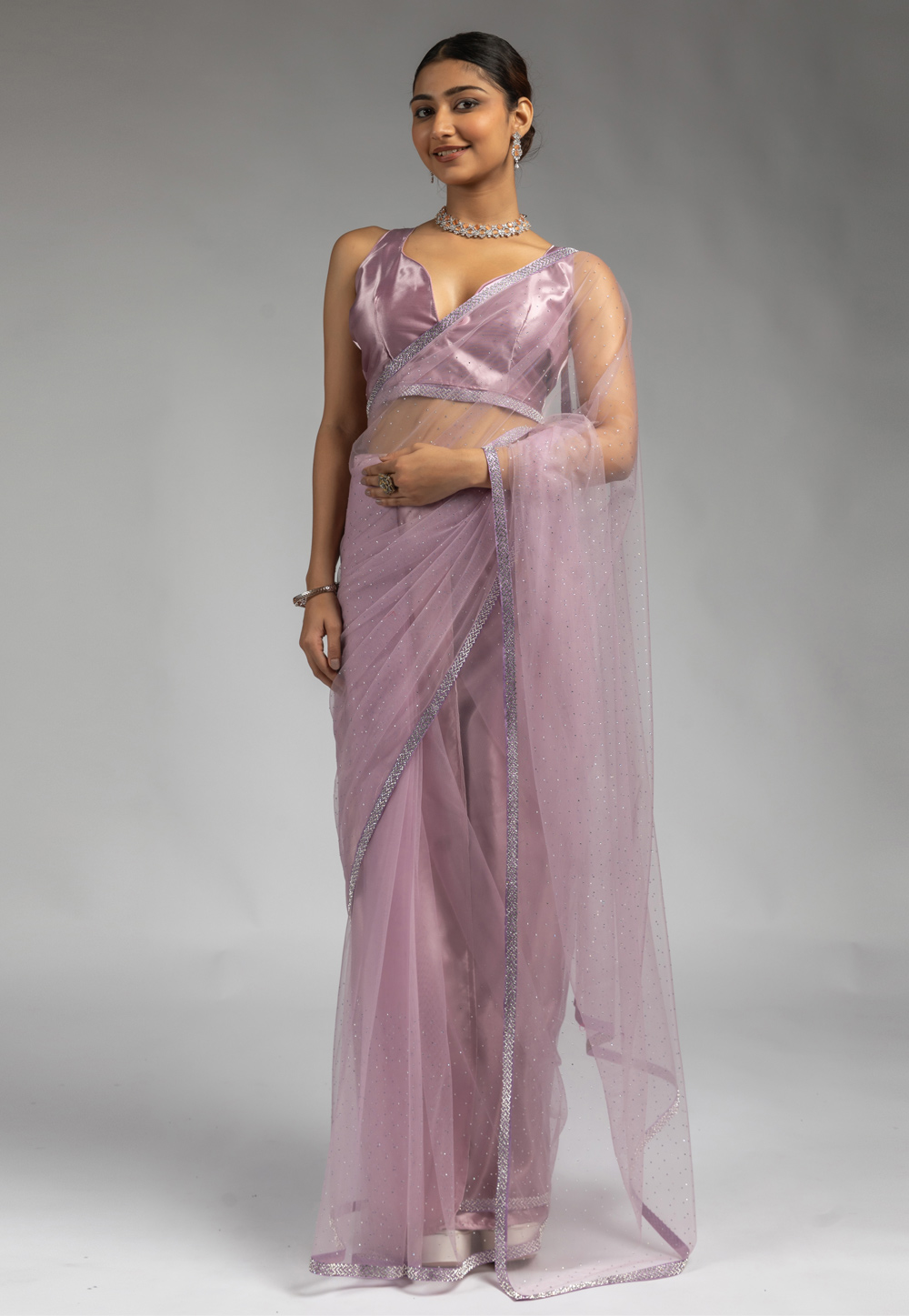Lavender Net Saree With Blouse 309357