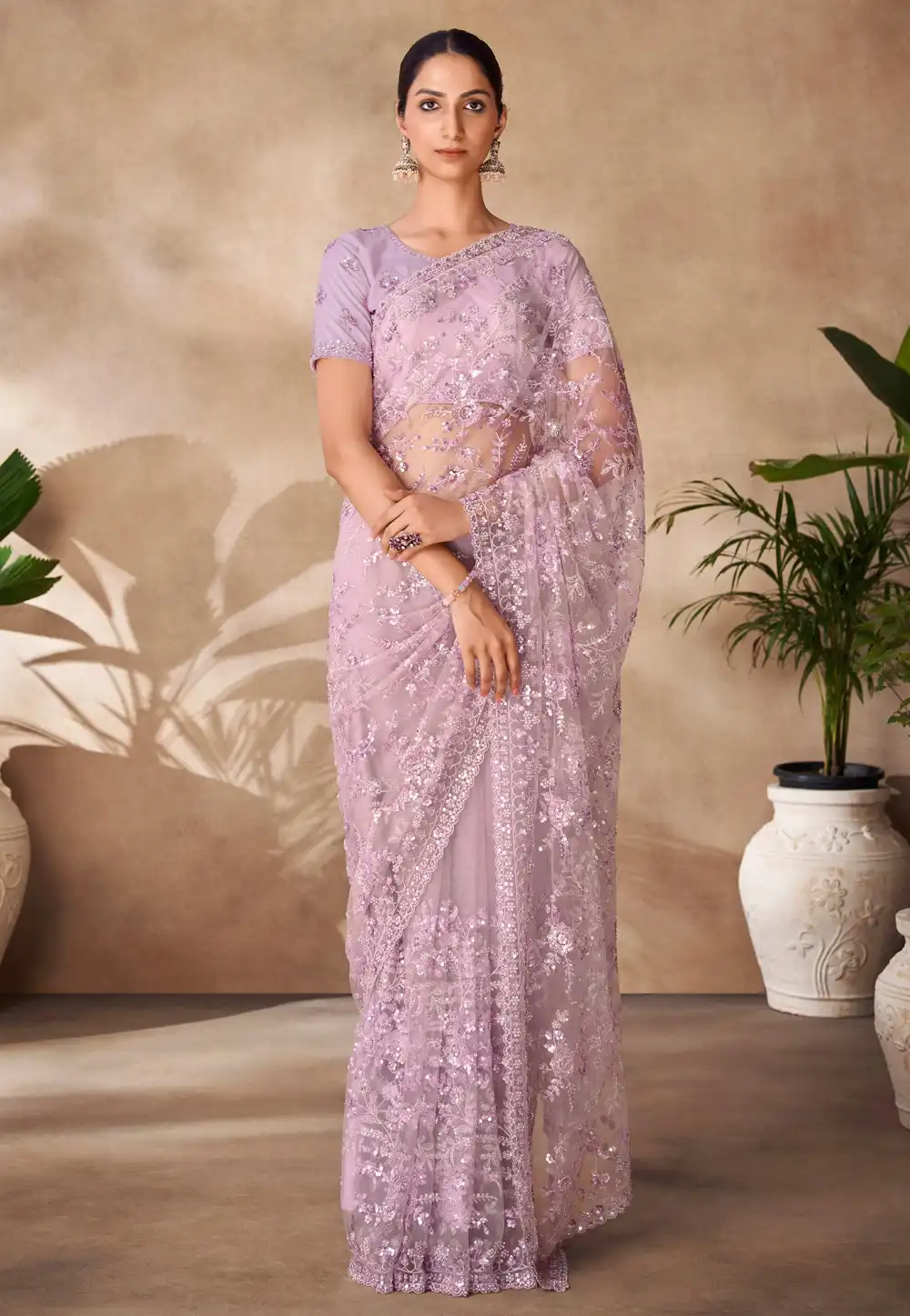 Lavender Net Saree With Blouse 288562