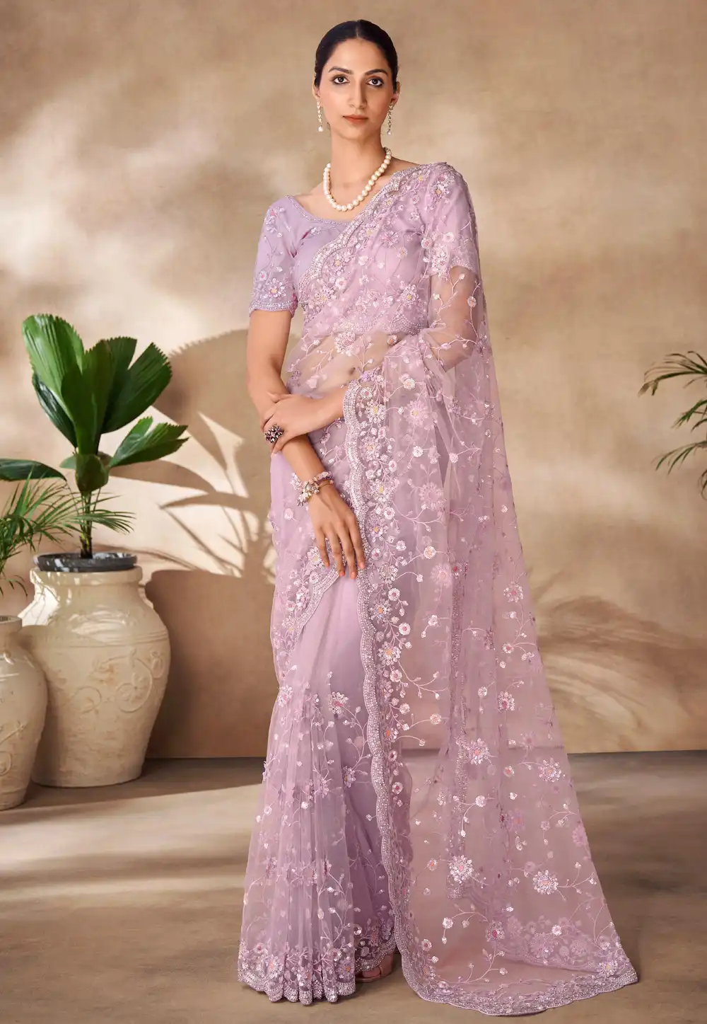 Lavender Net Saree With Blouse 288564