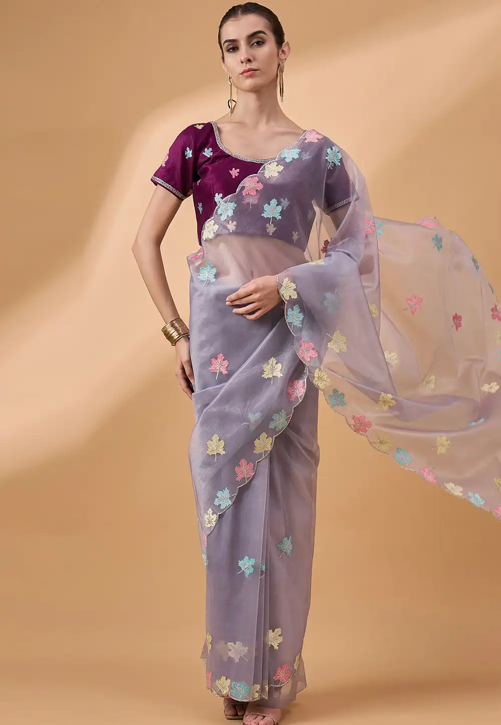 Lavender Net Saree With Blouse 291993