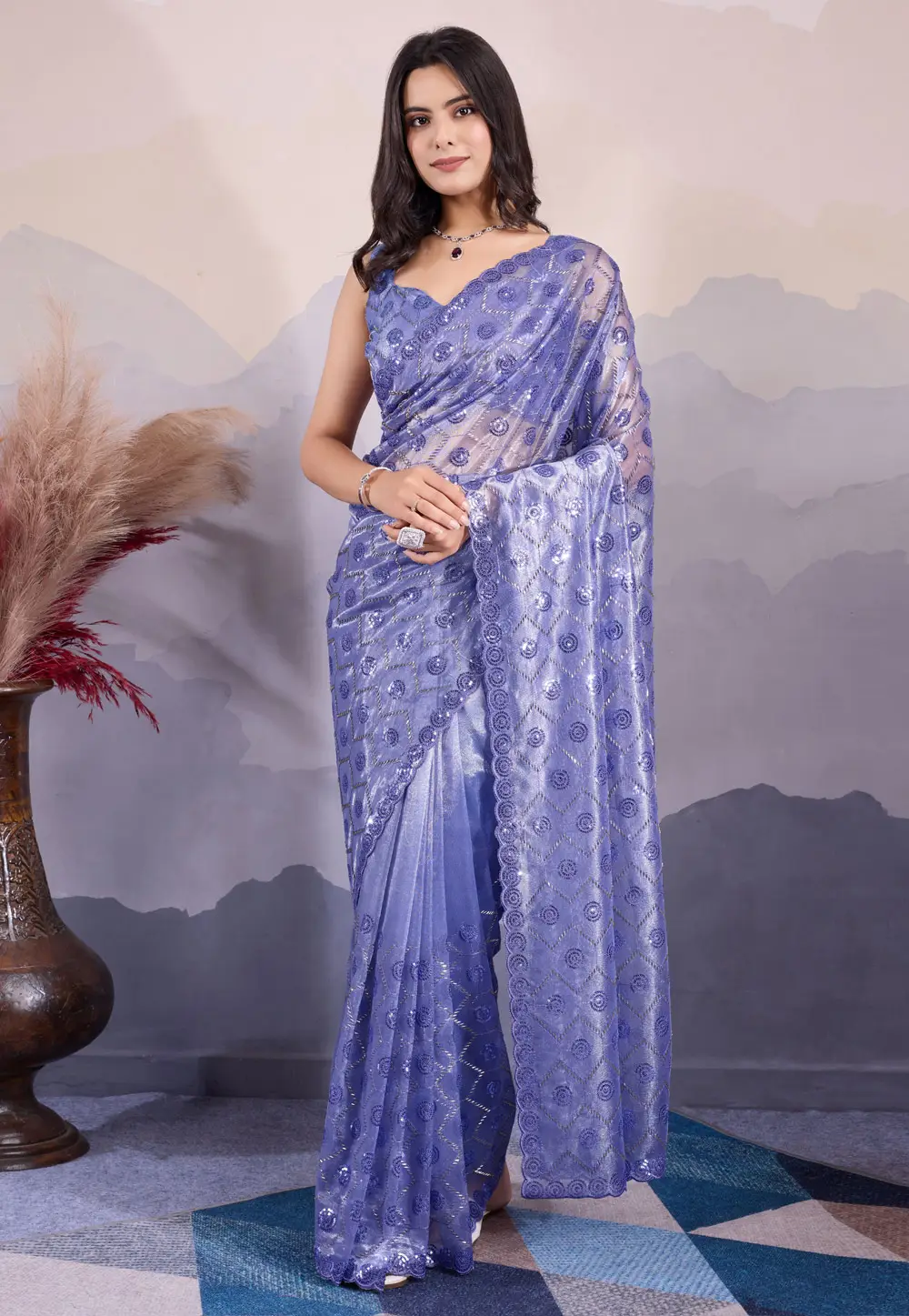 Lavender Net Saree With Blouse 295505