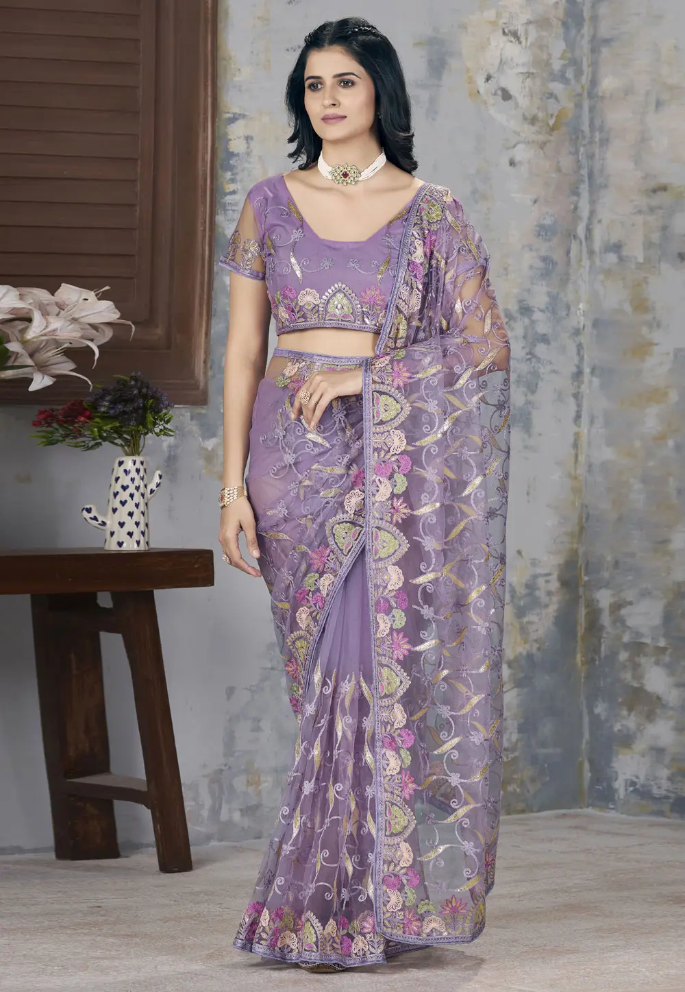 Lavender Net Saree With Blouse 302524