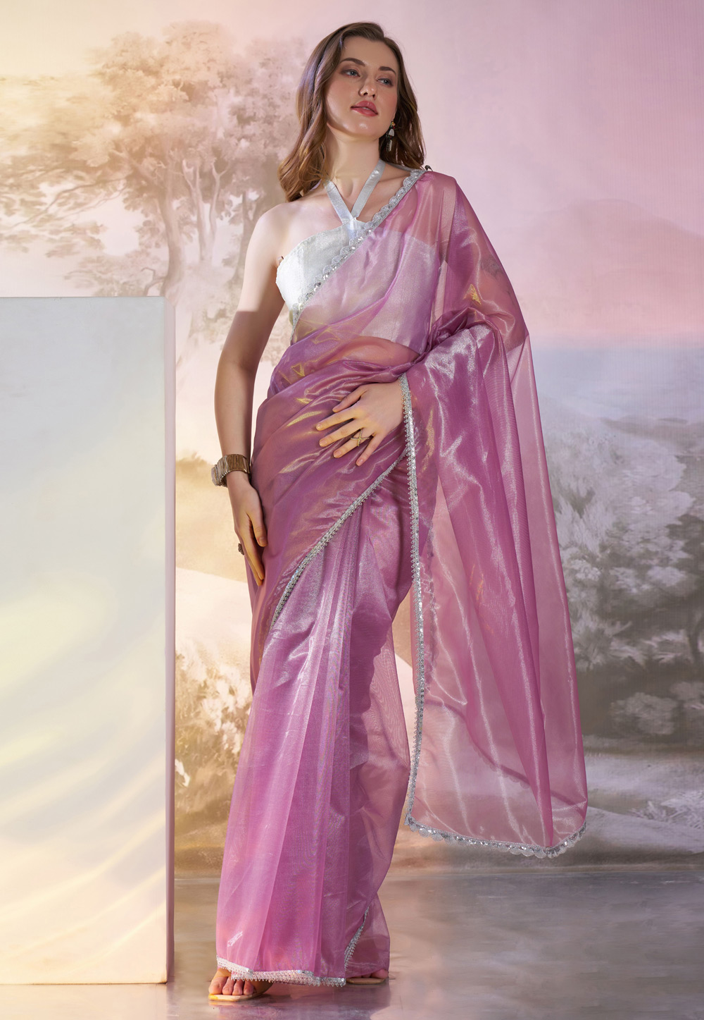 Lavender Net Saree With Blouse 305803