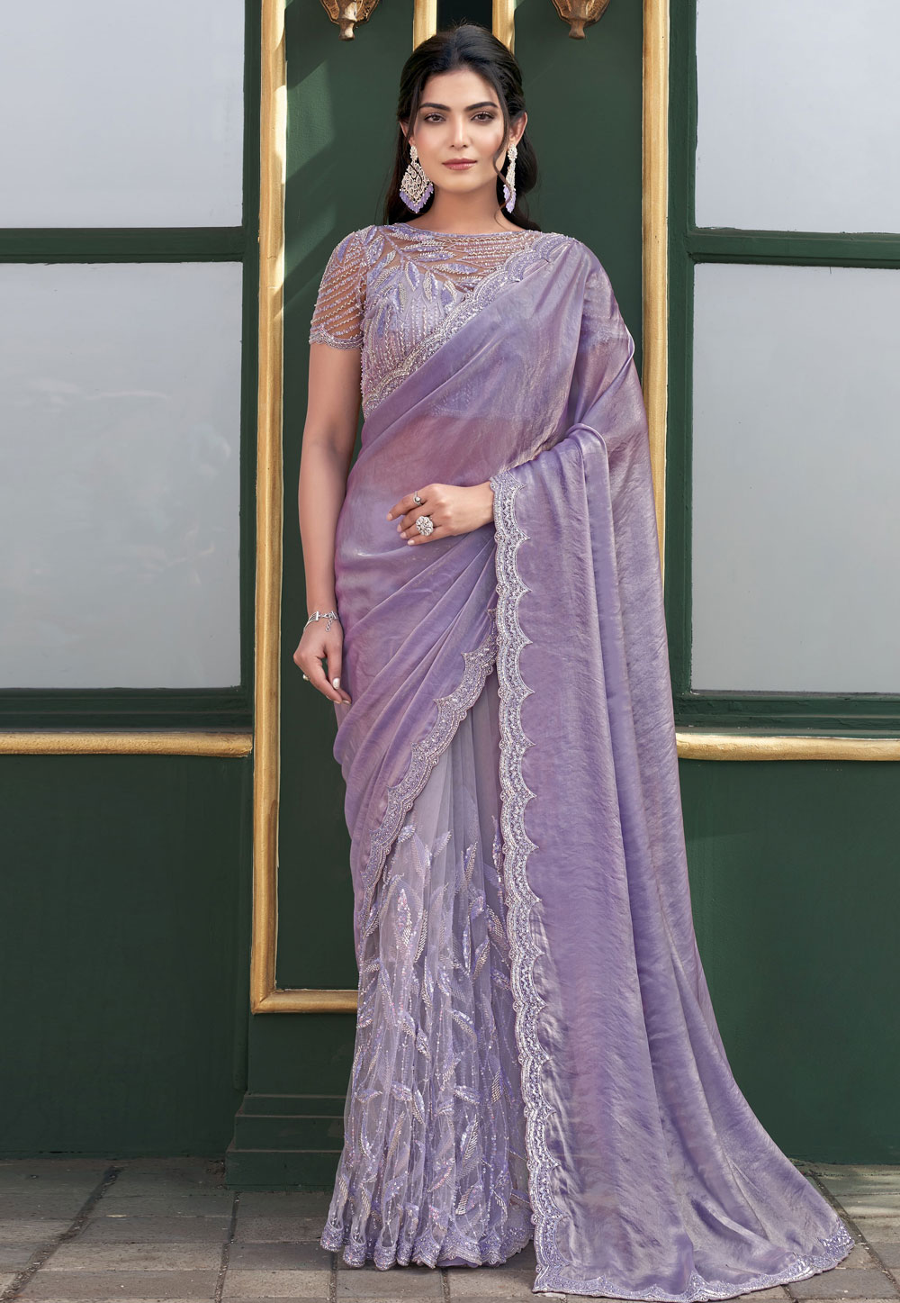 Lavender Net Saree With Blouse 305816