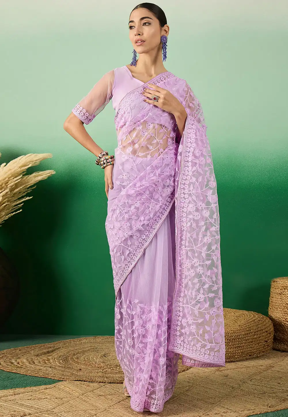 Lavender Net Saree With Blouse 289758