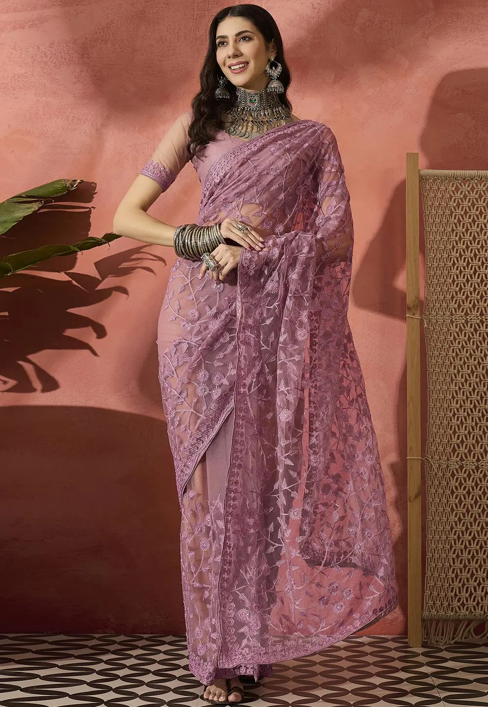 Lavender Net Saree With Blouse 304667