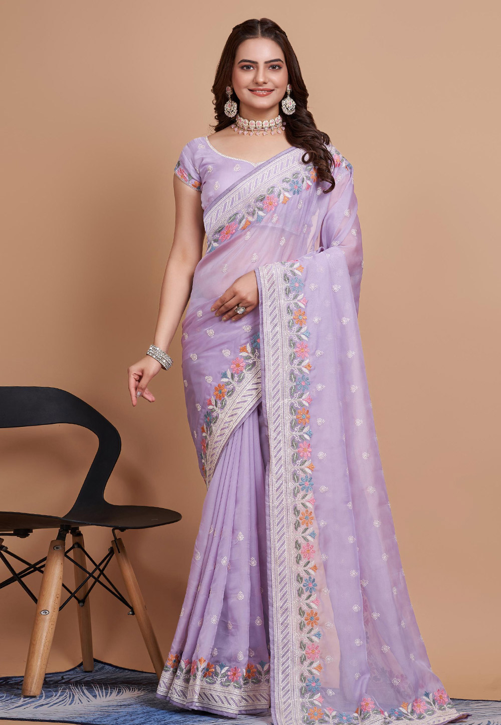 Lavender Net Saree With Blouse 283429