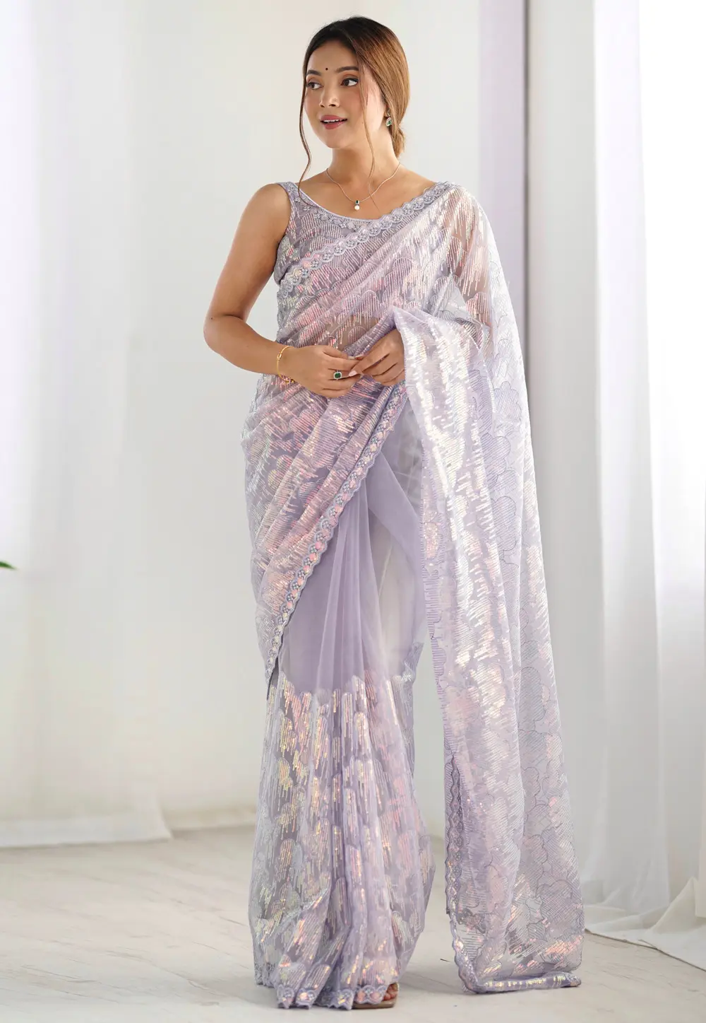 Lavender Net Sequence Saree 300313