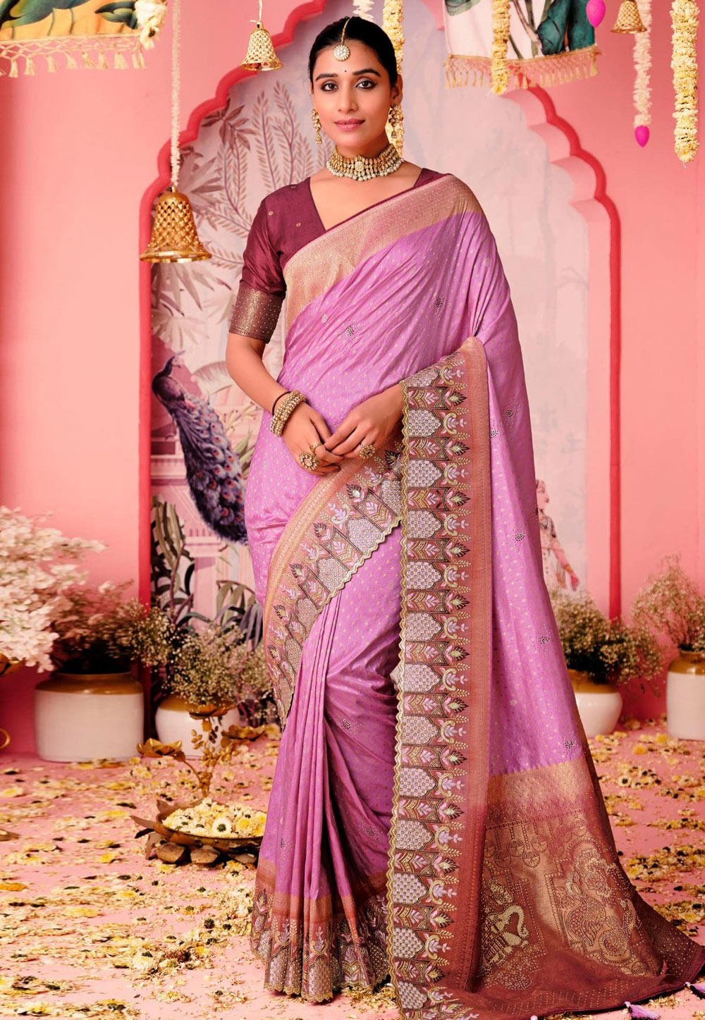 Lavender Nylon Saree With Blouse 306175