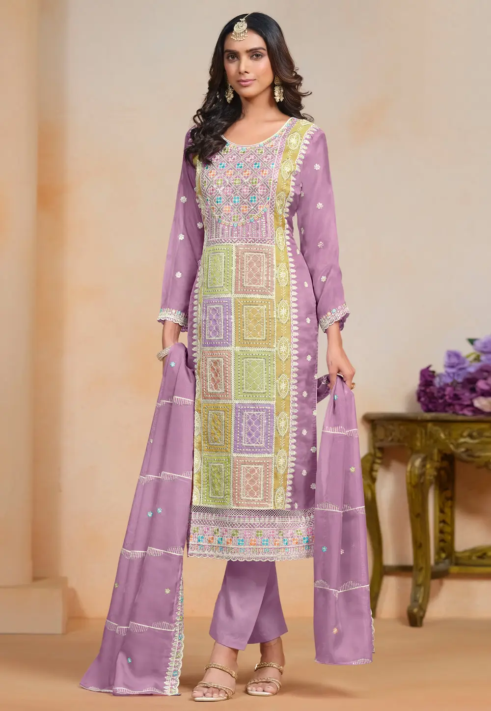 Lavender Organza Embroidered Pakistani Suit 296158