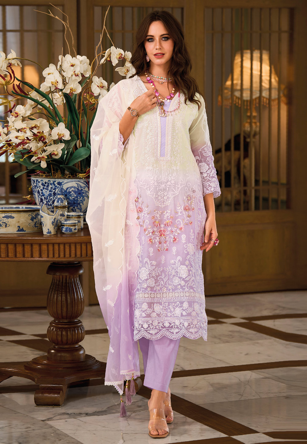 Lavender Organza Embroidered Pant Style Suit 280632