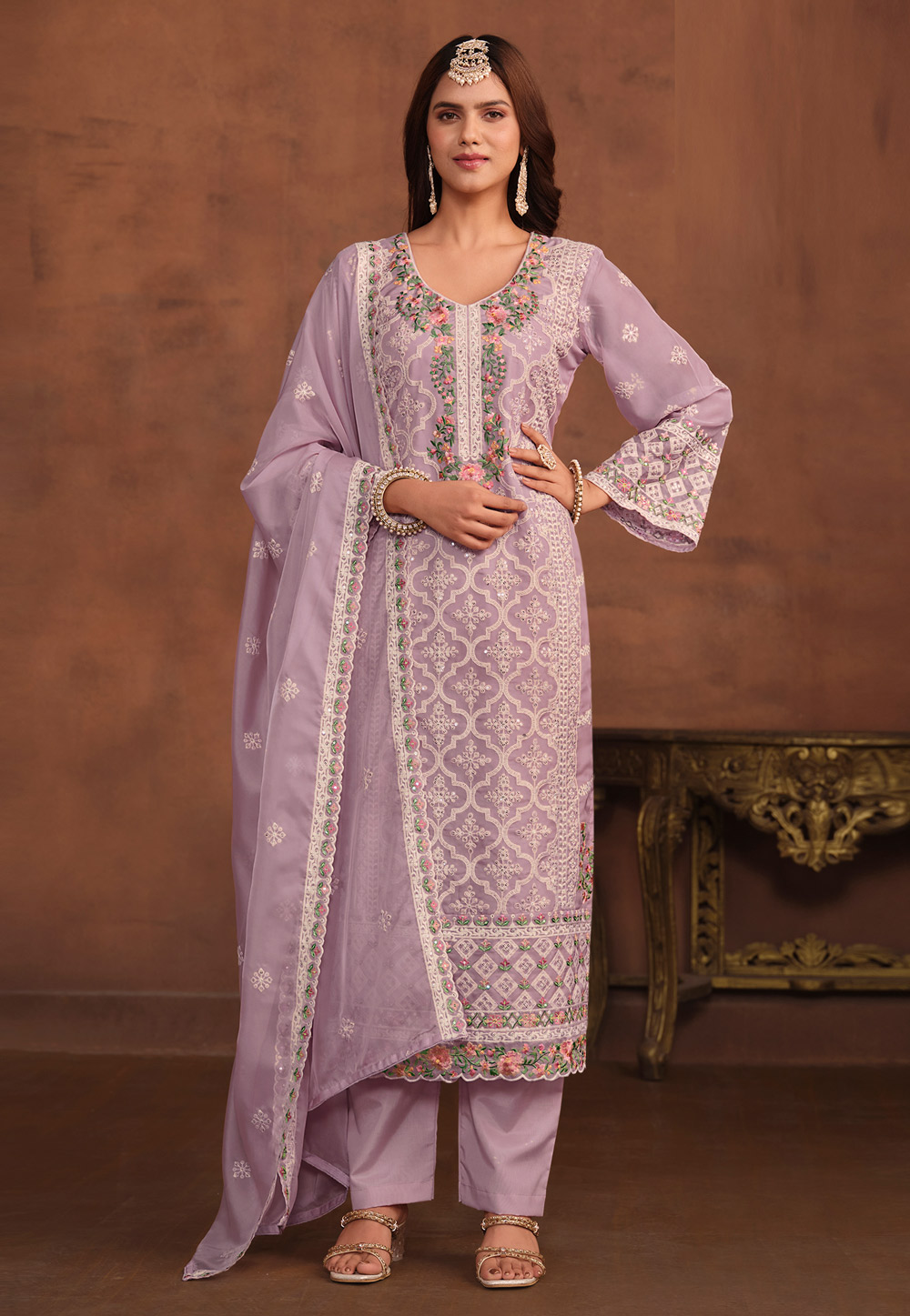 Lavender Organza Embroidered Pant Style Suit 280748
