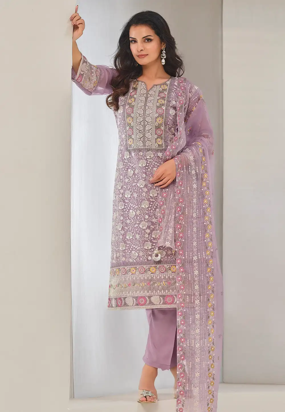 Lavender Organza Embroidered Straight Suit 292046