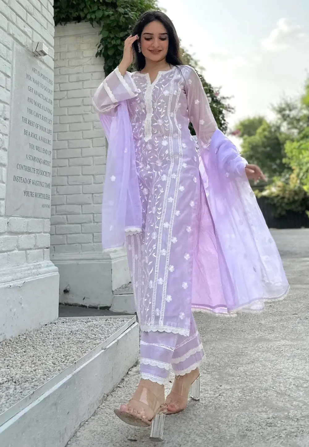 Lavender Organza Readymade Pant Style Suit 300522