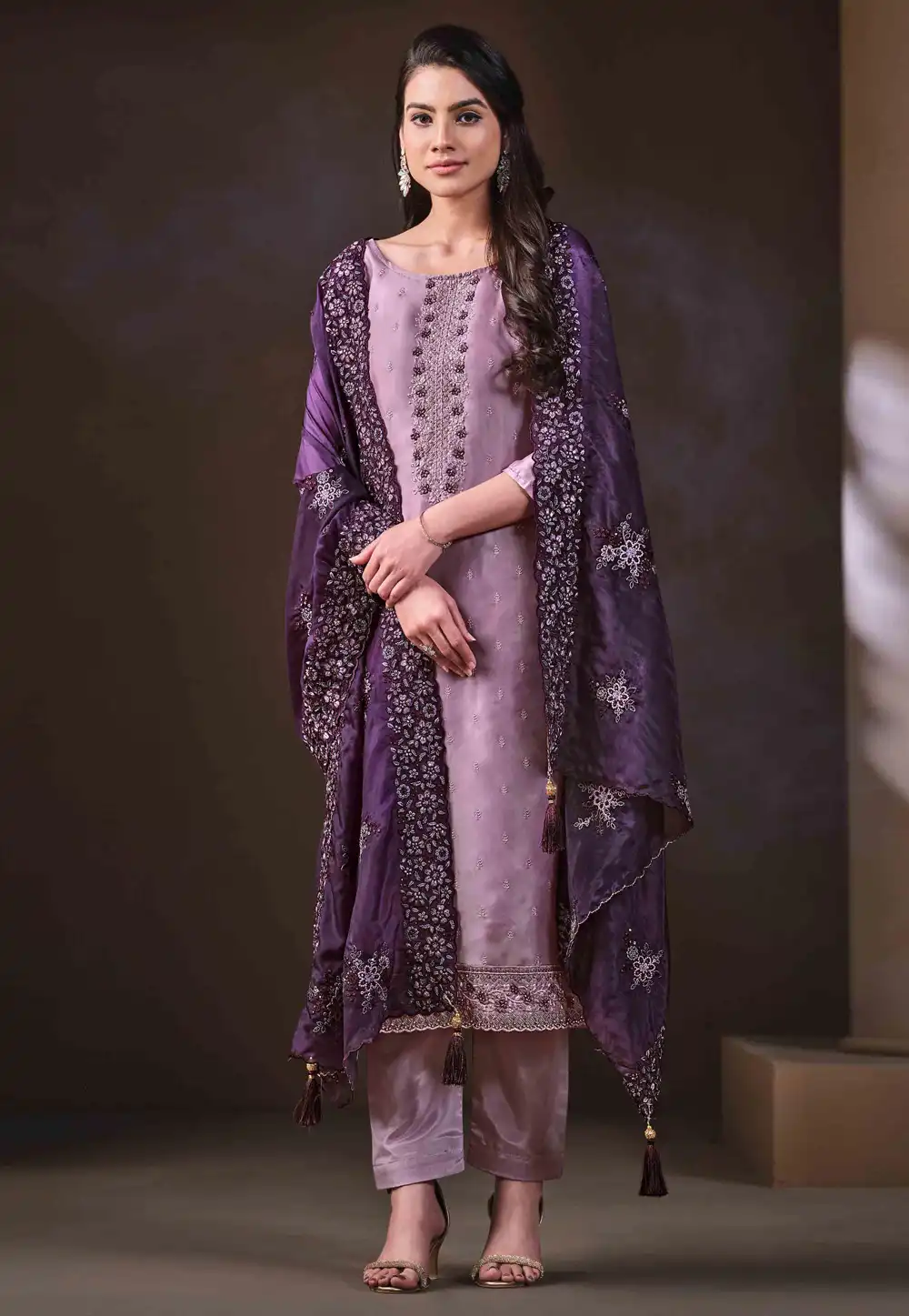 Lavender Organza Readymade Pant Style Suit 291150