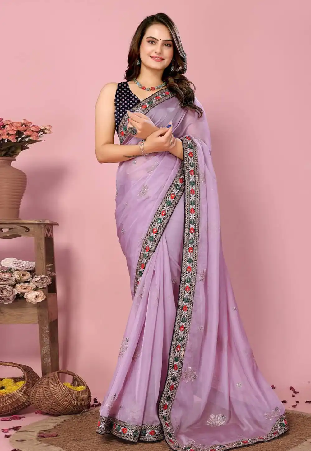 Lavender Organza Saree With Blouse 288903