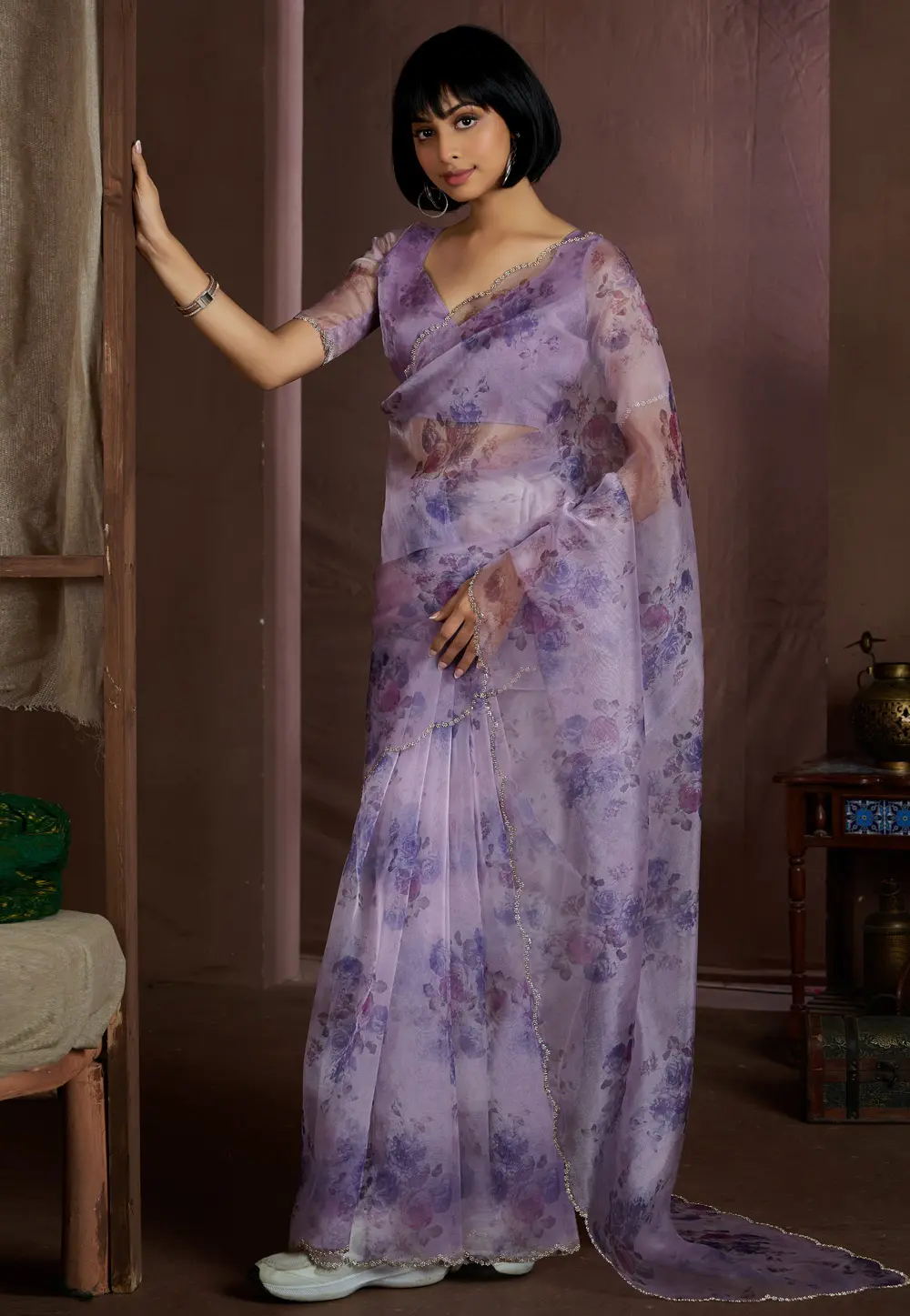 Lavender Organza Saree With Blouse 299477