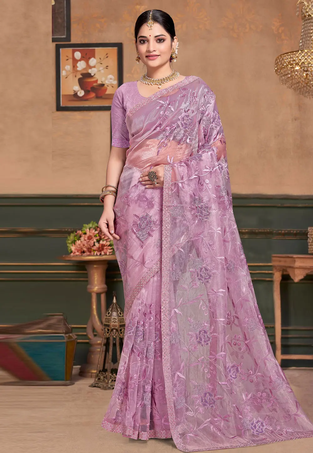 Lavender Organza Saree With Blouse 304153