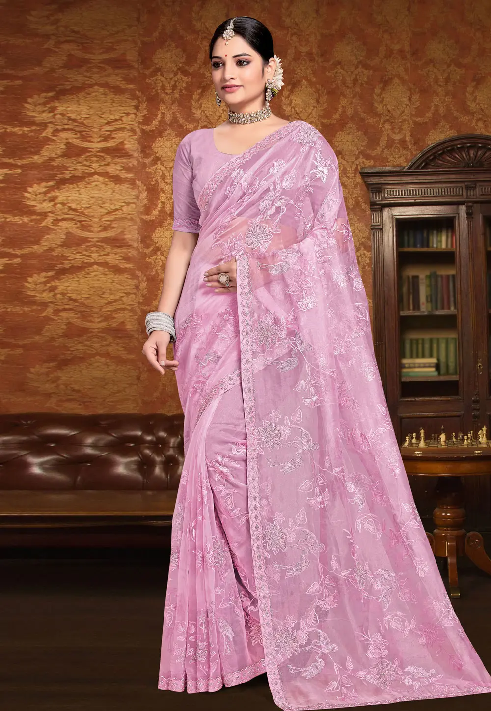 Lavender Organza Saree With Blouse 304158