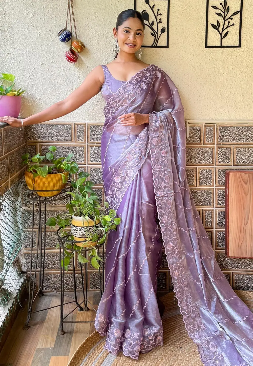 Lavender Organza Saree With Blouse 296067