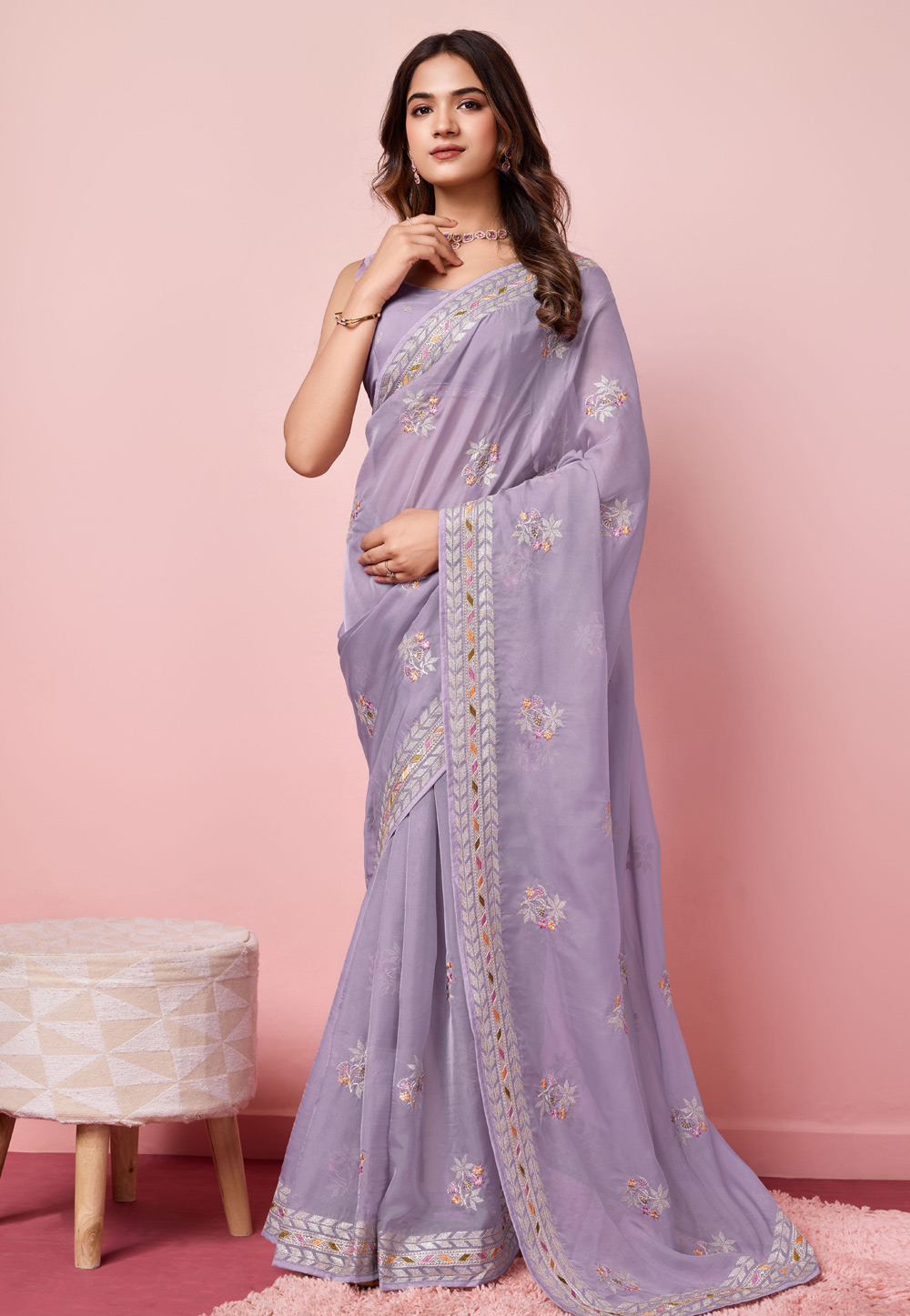 Lavender Organza Saree With Blouse 287774