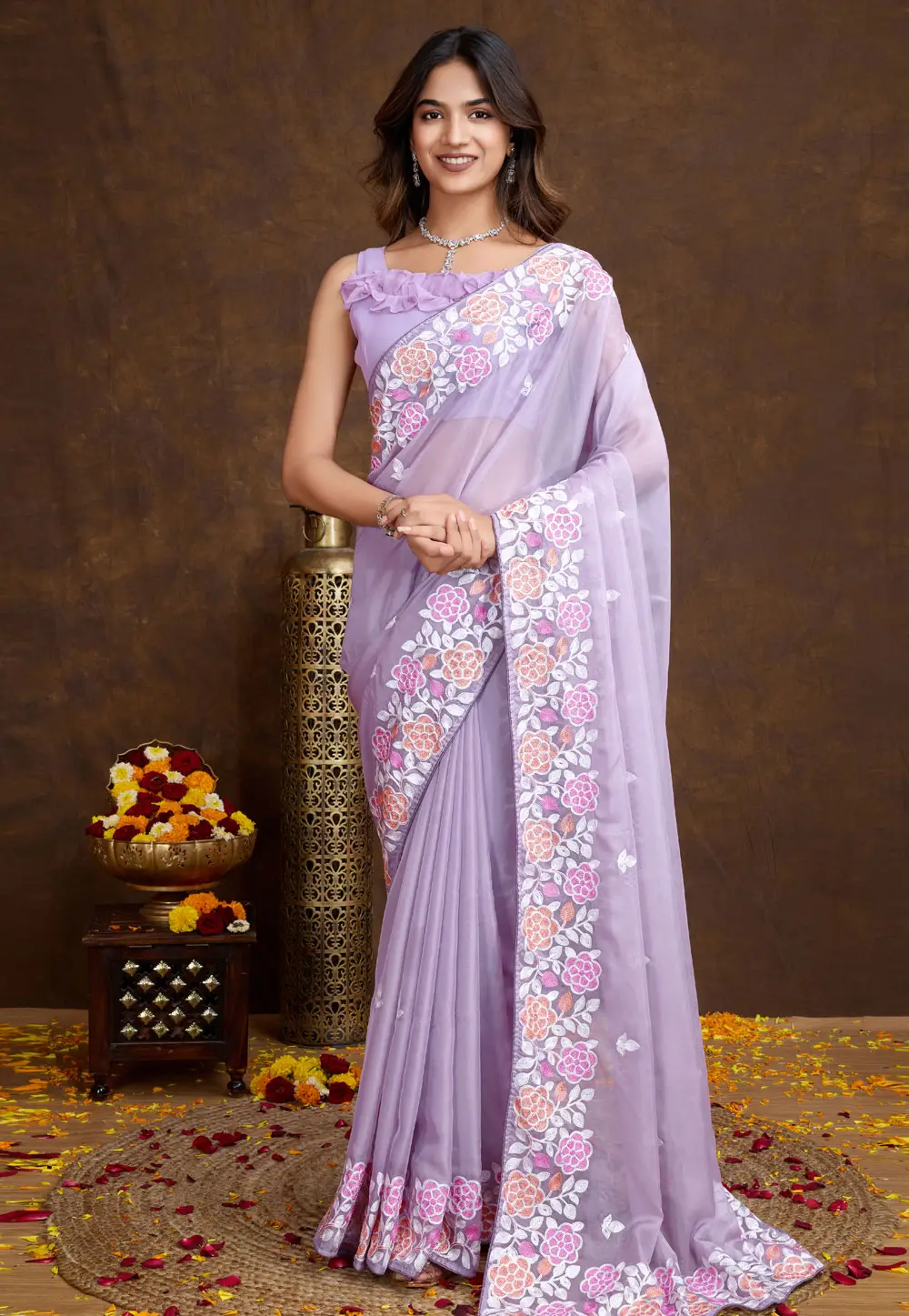 Lavender Organza Saree With Blouse 297031