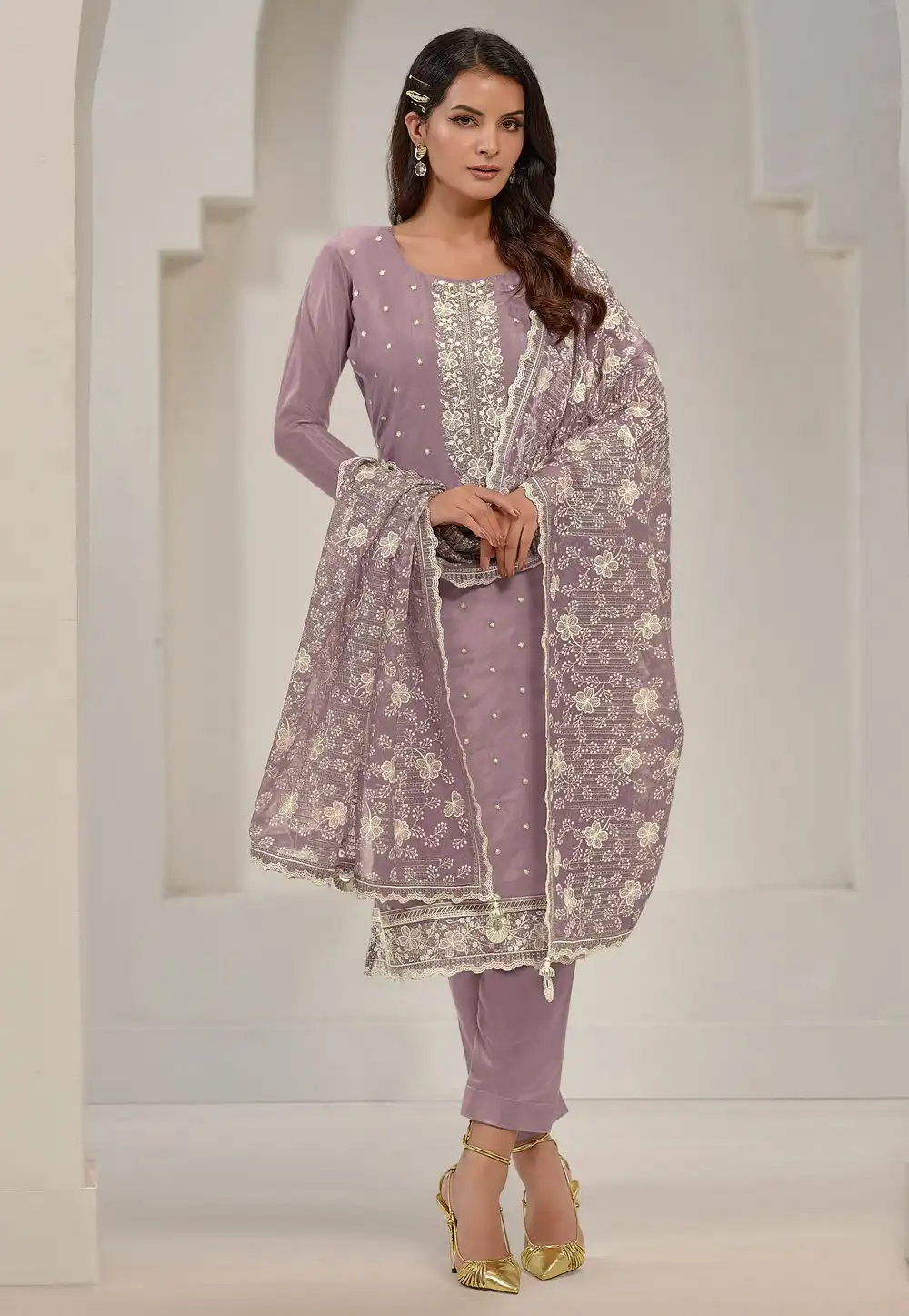 Lavender Organza Straight Suit 290973