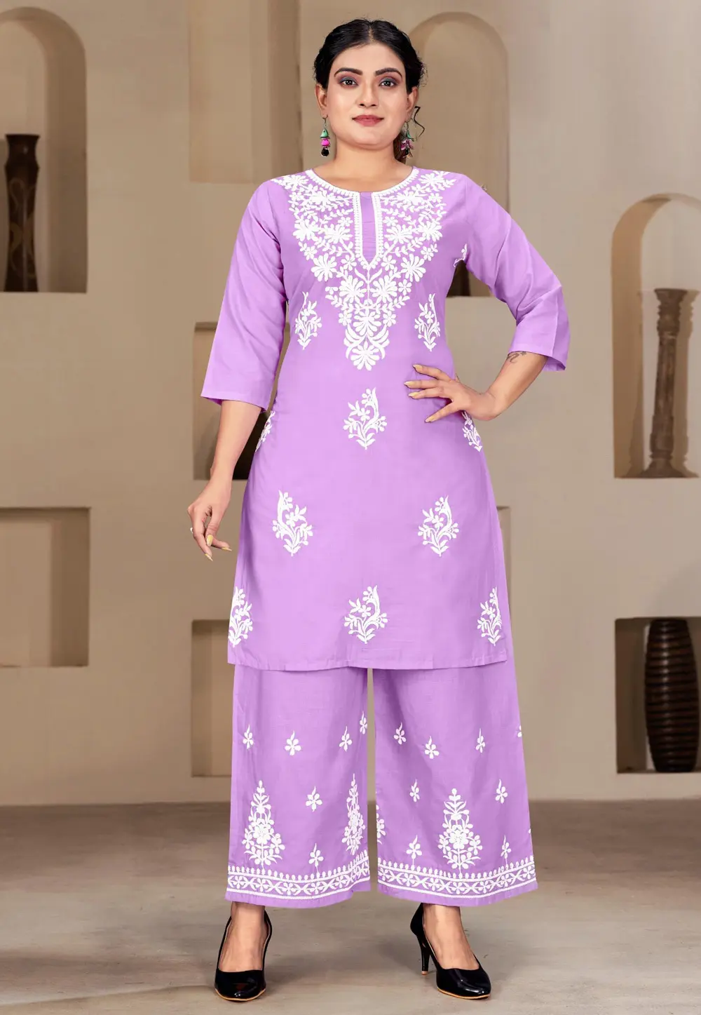 Lavender Rayon Kurta Set With Palazzo 300477