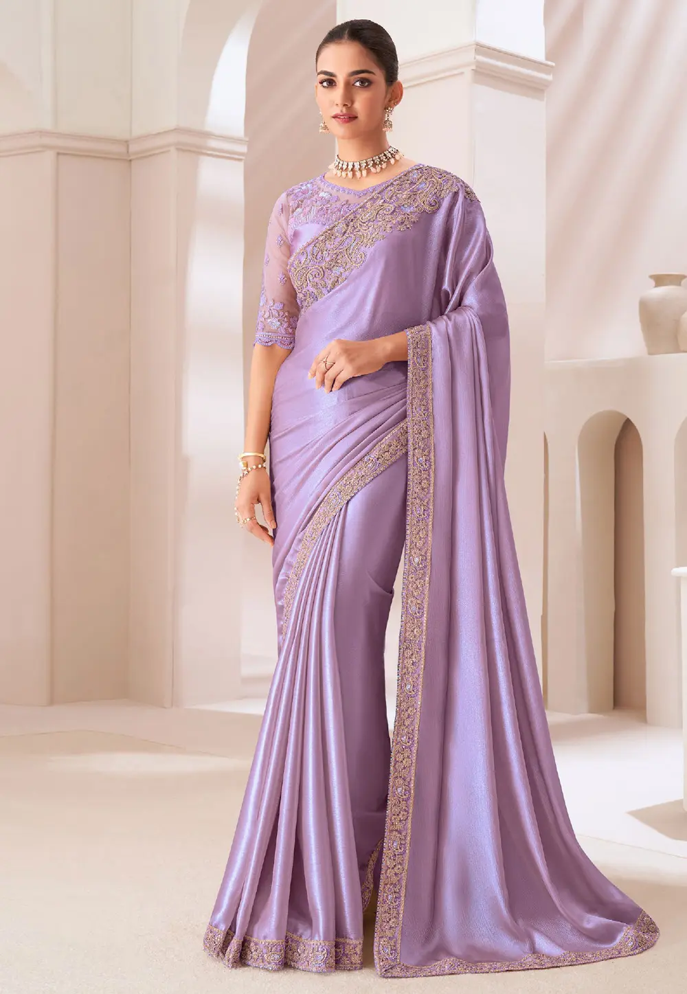 Lavender Satin Chiffon Saree With Blouse 299441