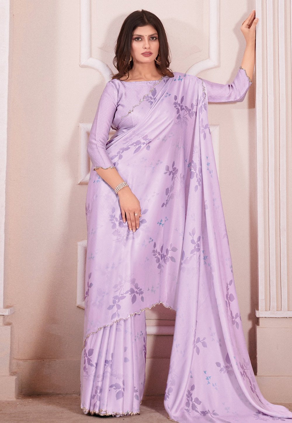 Lavender Satin Saree With Blouse 284328