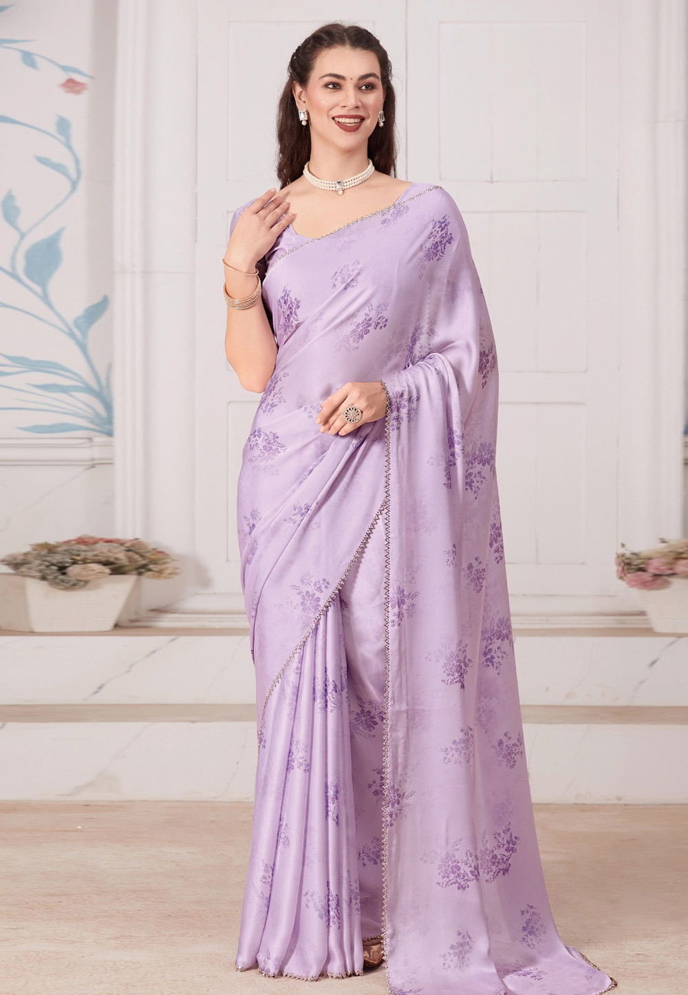 Lavender Satin Saree With Blouse 284335
