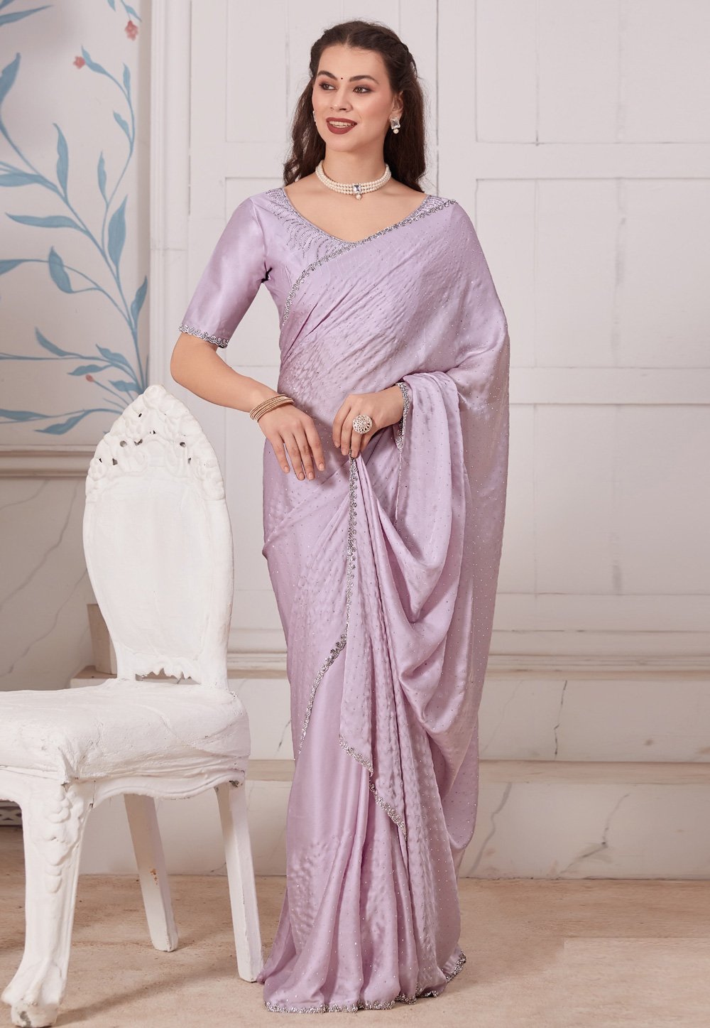 Lavender Satin Saree With Blouse 284819