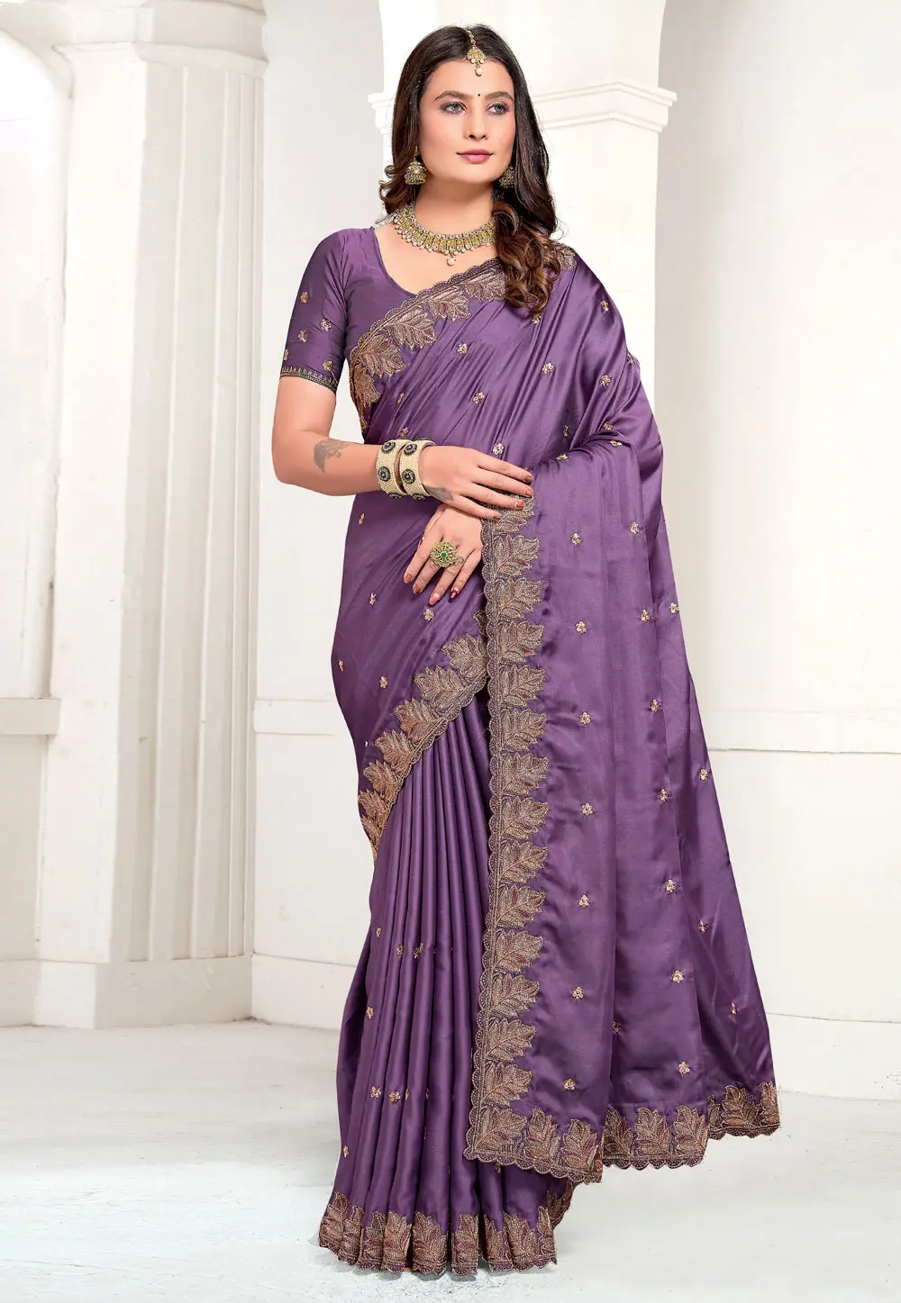 Lavender Satin Saree With Blouse 299456