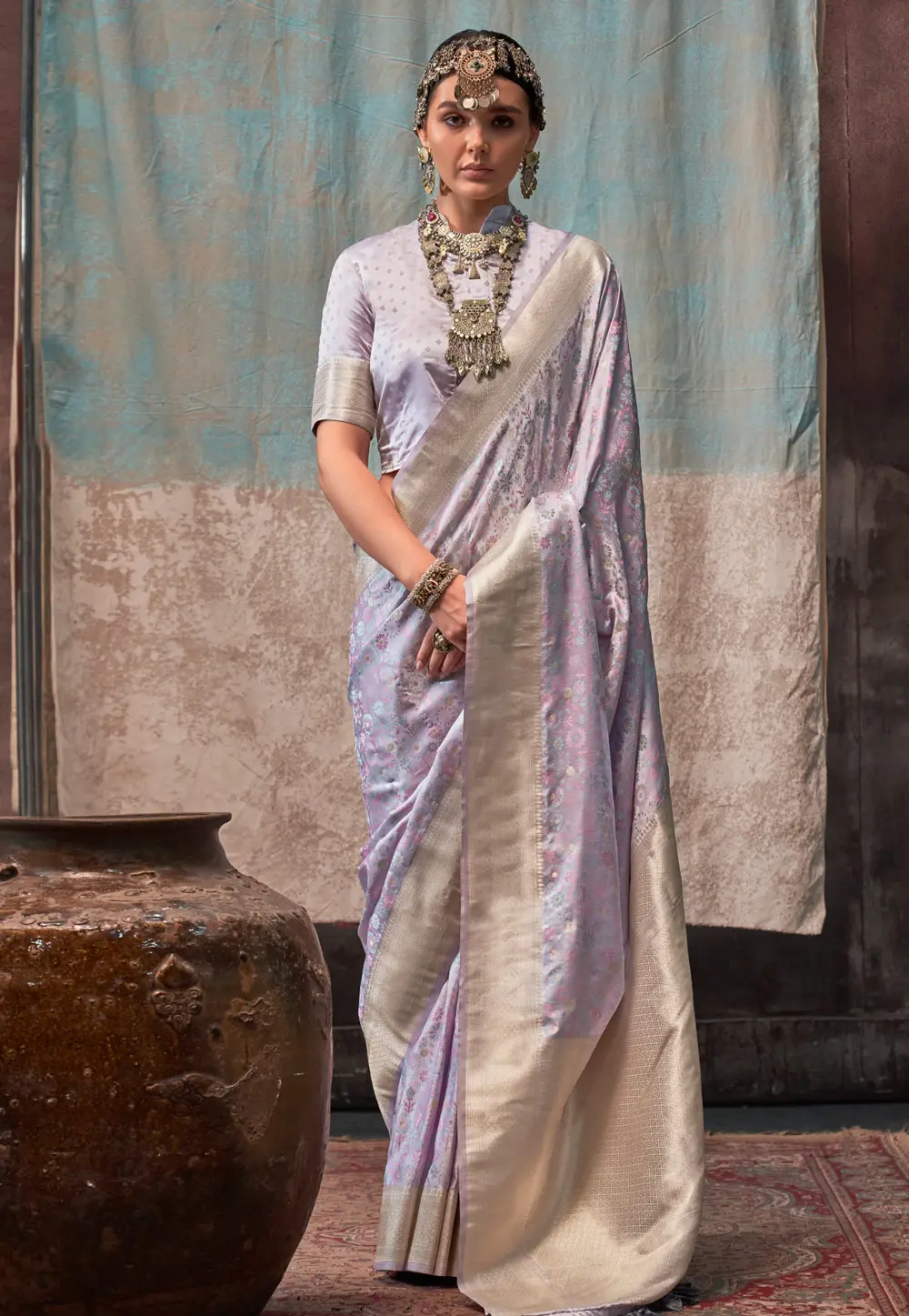 Lavender Satin Silk Saree With Blouse 299635