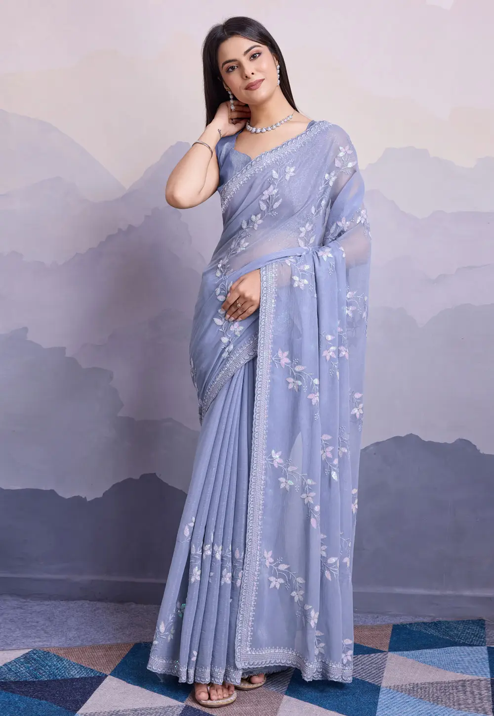 Lavender Shimmer Chiffon Saree With Blouse 295672