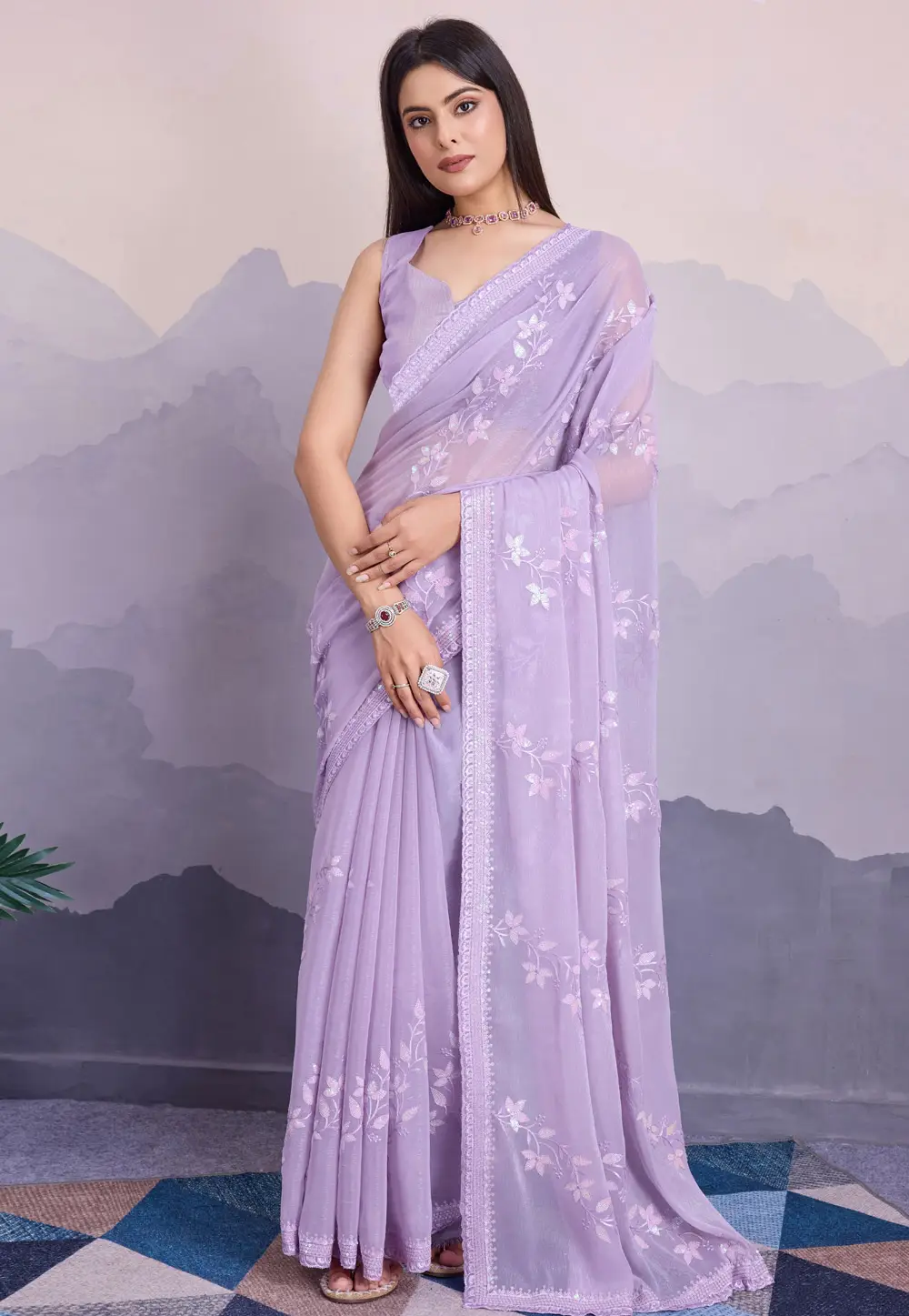 Lavender Shimmer Chiffon Saree With Blouse 295676