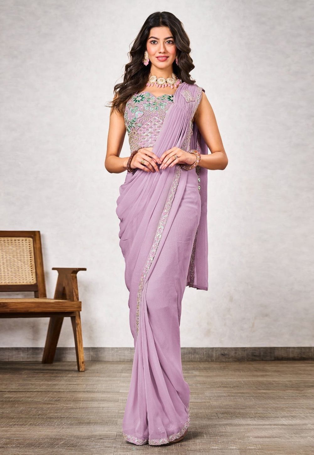 Lavender Shimmer Georgette Saree With Blouse 309411