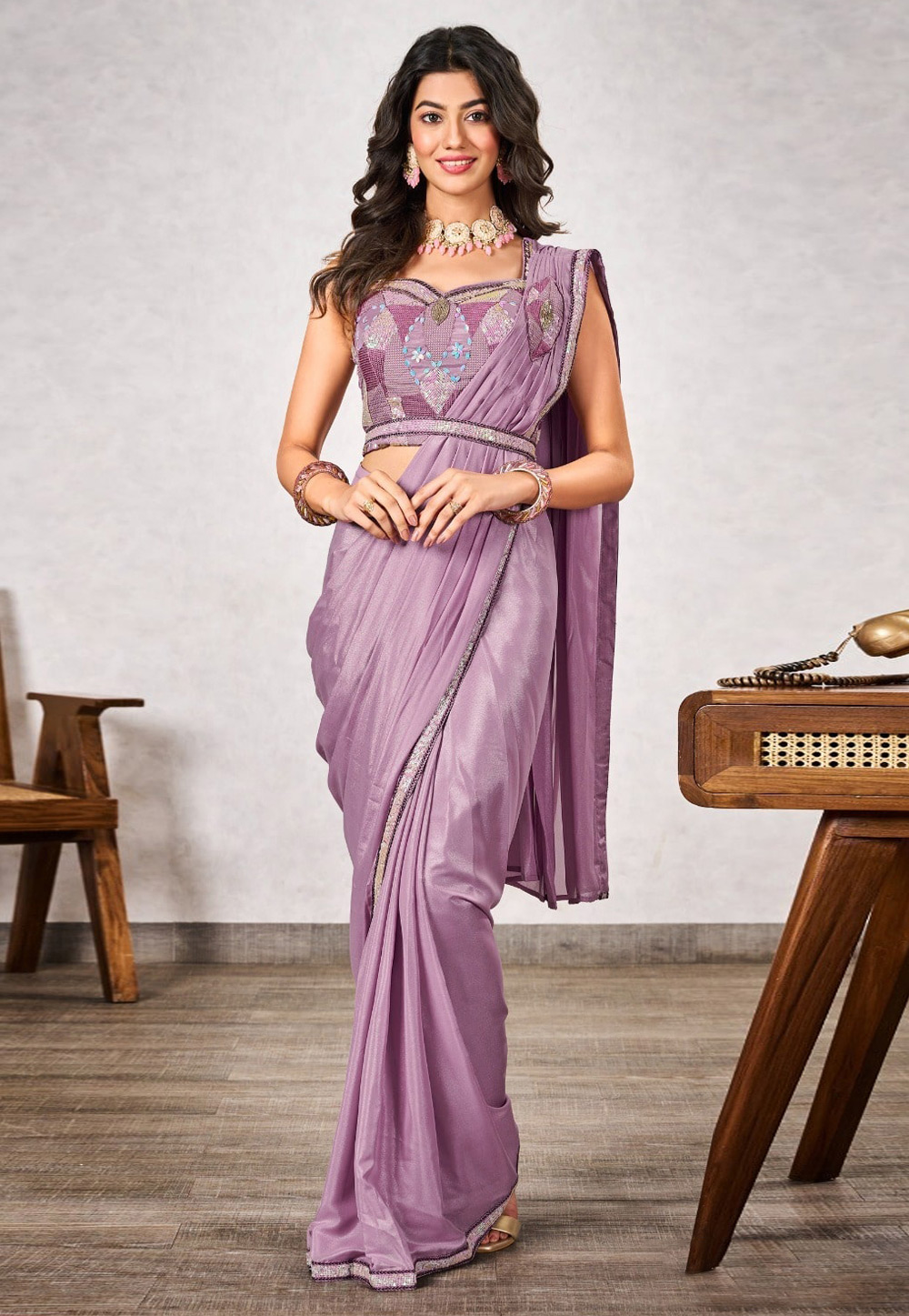 Lavender Shimmer Georgette Saree With Blouse 309418