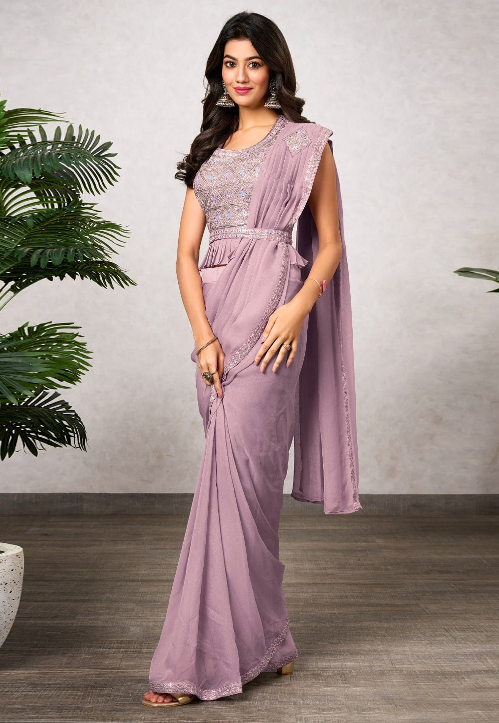 Lavender Shimmer Georgette Saree With Blouse 309424