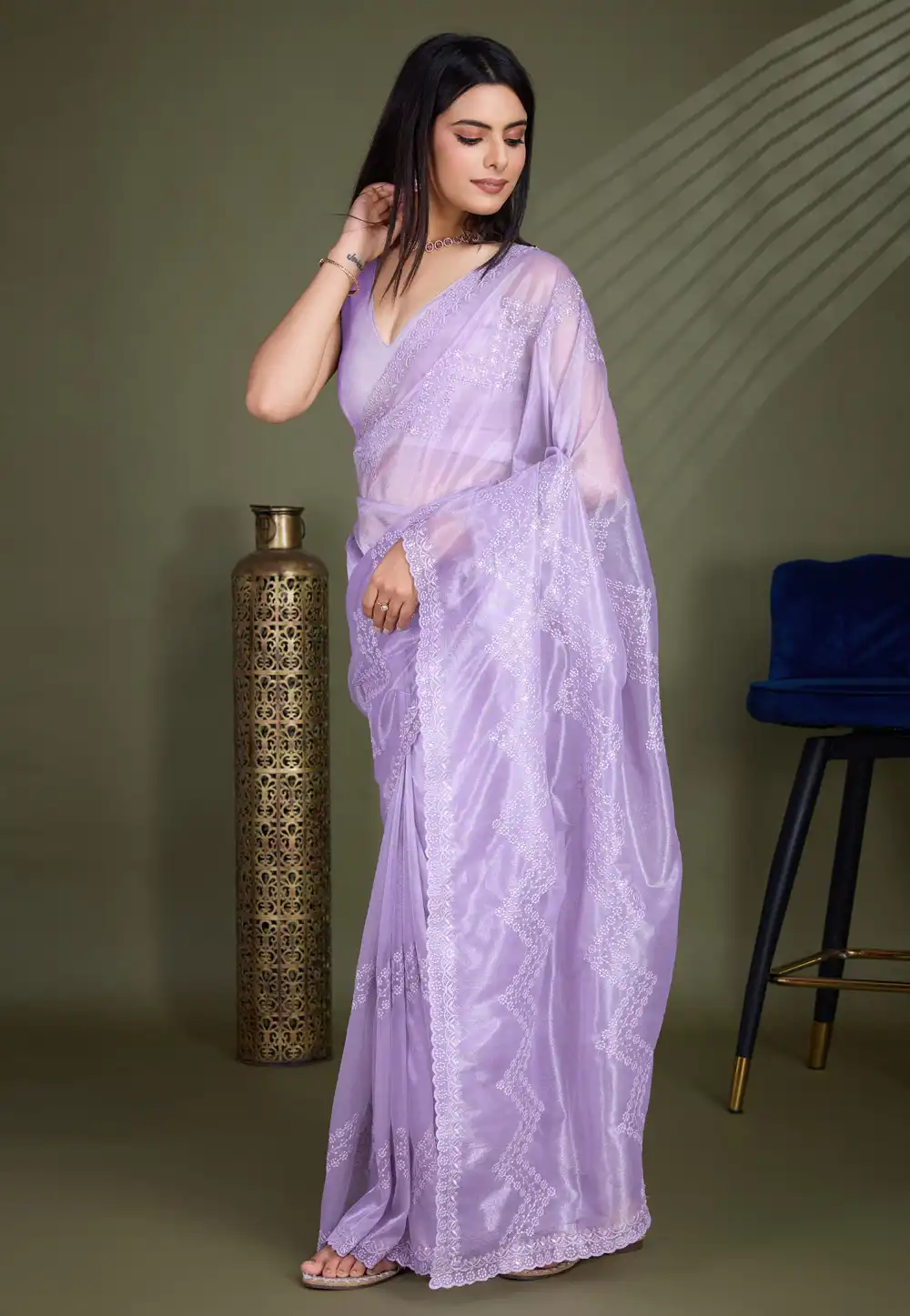 Lavender Shimmer Net Saree With Blouse 295090