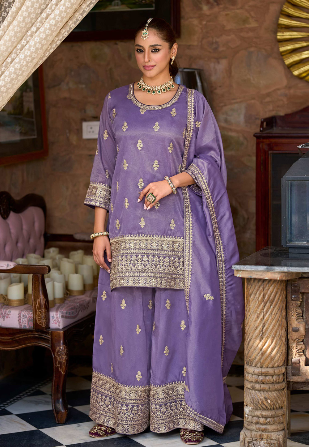 Lavender Shimmer Readymade Palazzo Suit 309609