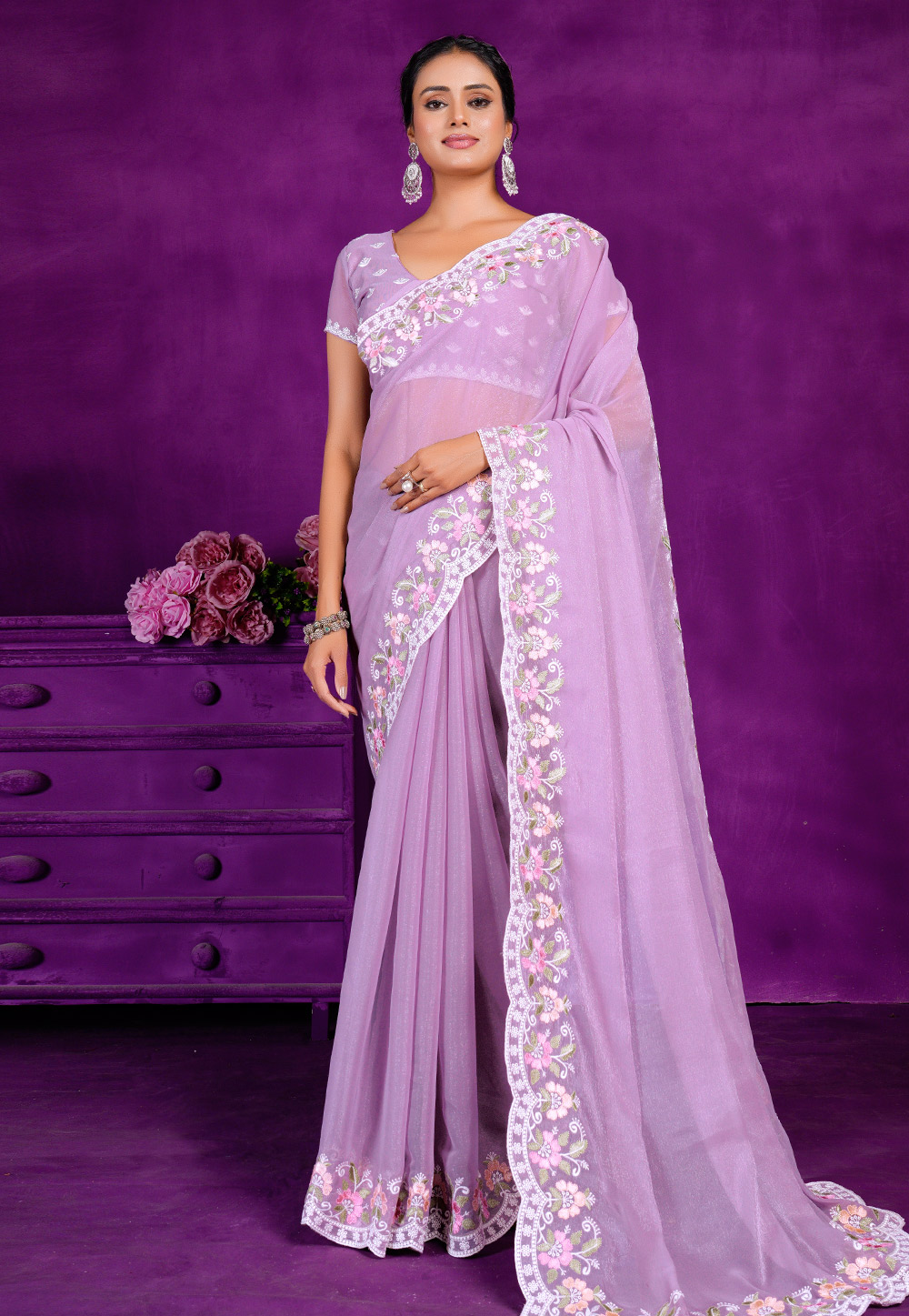 Lavender Shimmer Saree With Blouse 285815