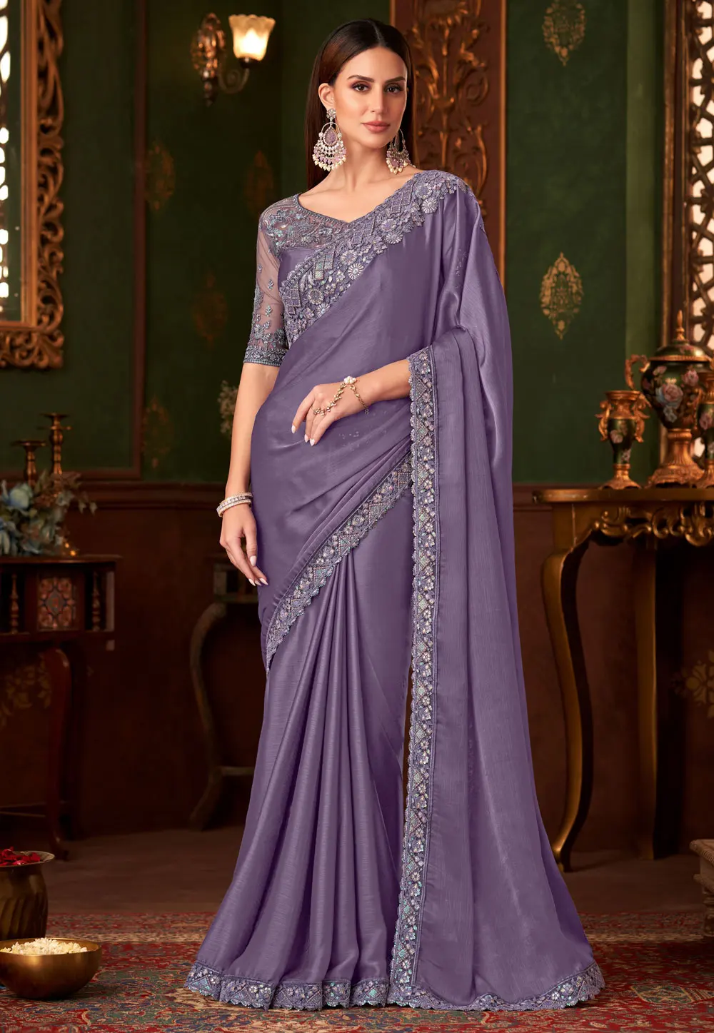 Lavender Silk Chiffon Saree With Blouse 301110