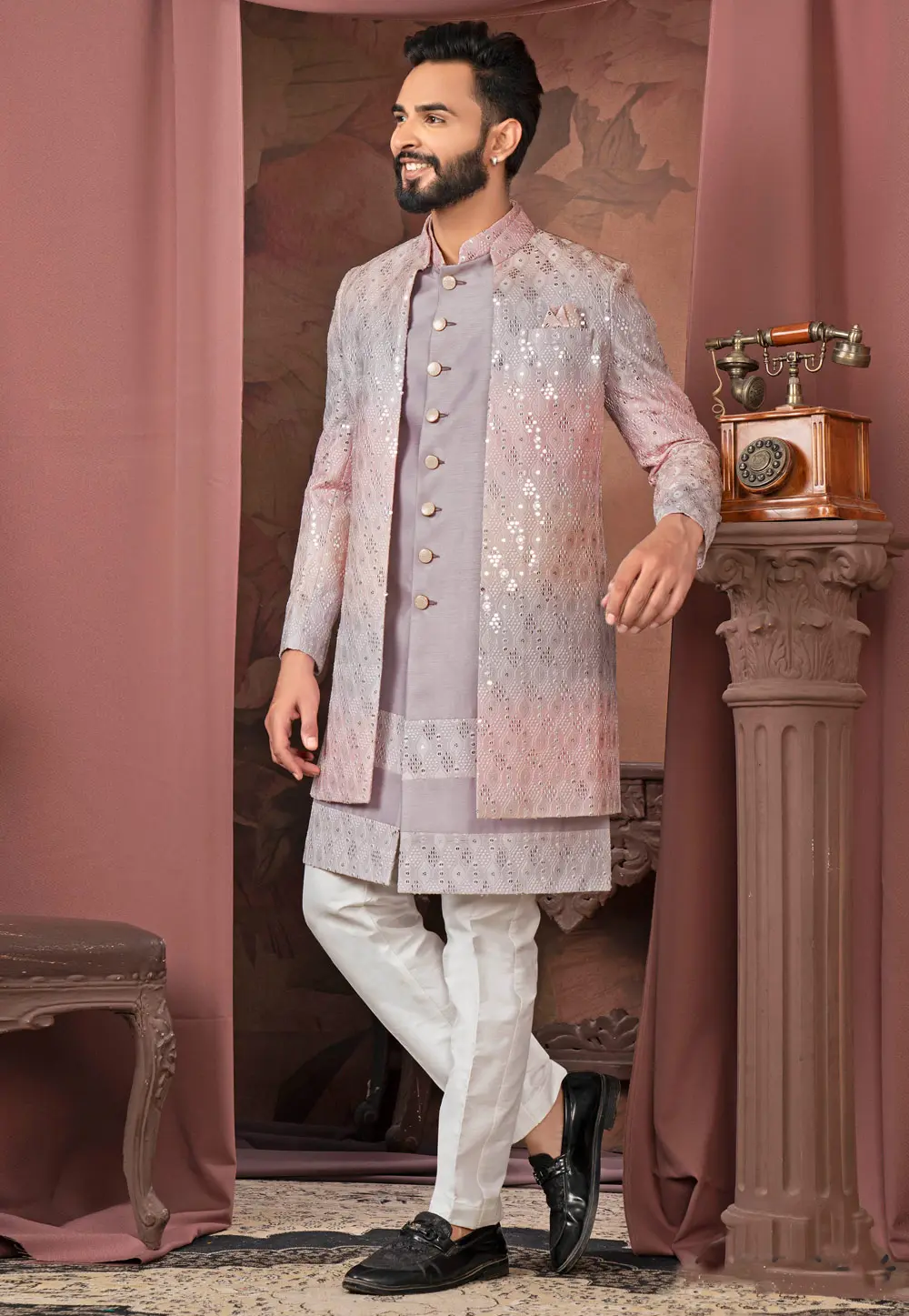 Lavender Silk Jacket Style Sherwani 302434