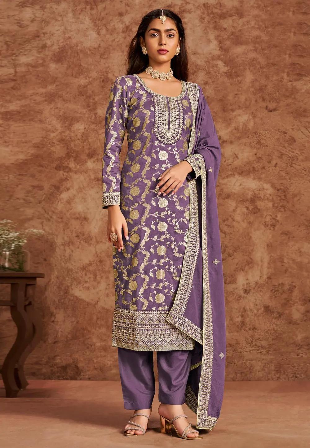 Lavender Silk Jacquard Pakistani Suit 302728