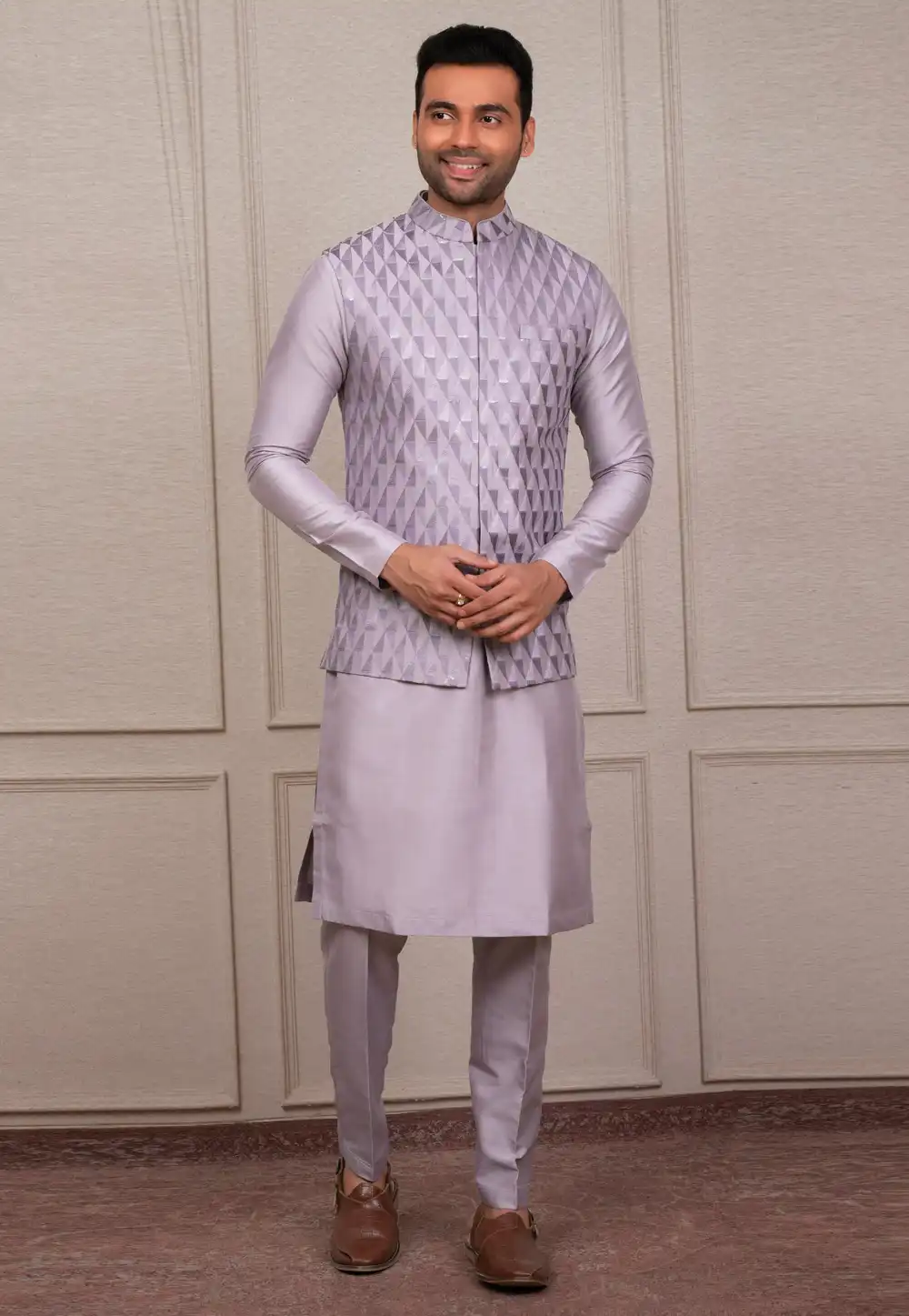 Lavender Silk Kurta Pajama With Jacket 293919