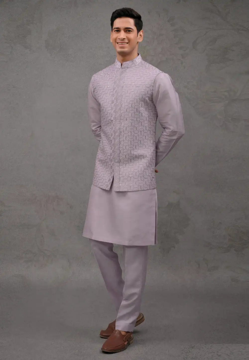 Lavender Silk Kurta Pajama With Jacket 293930