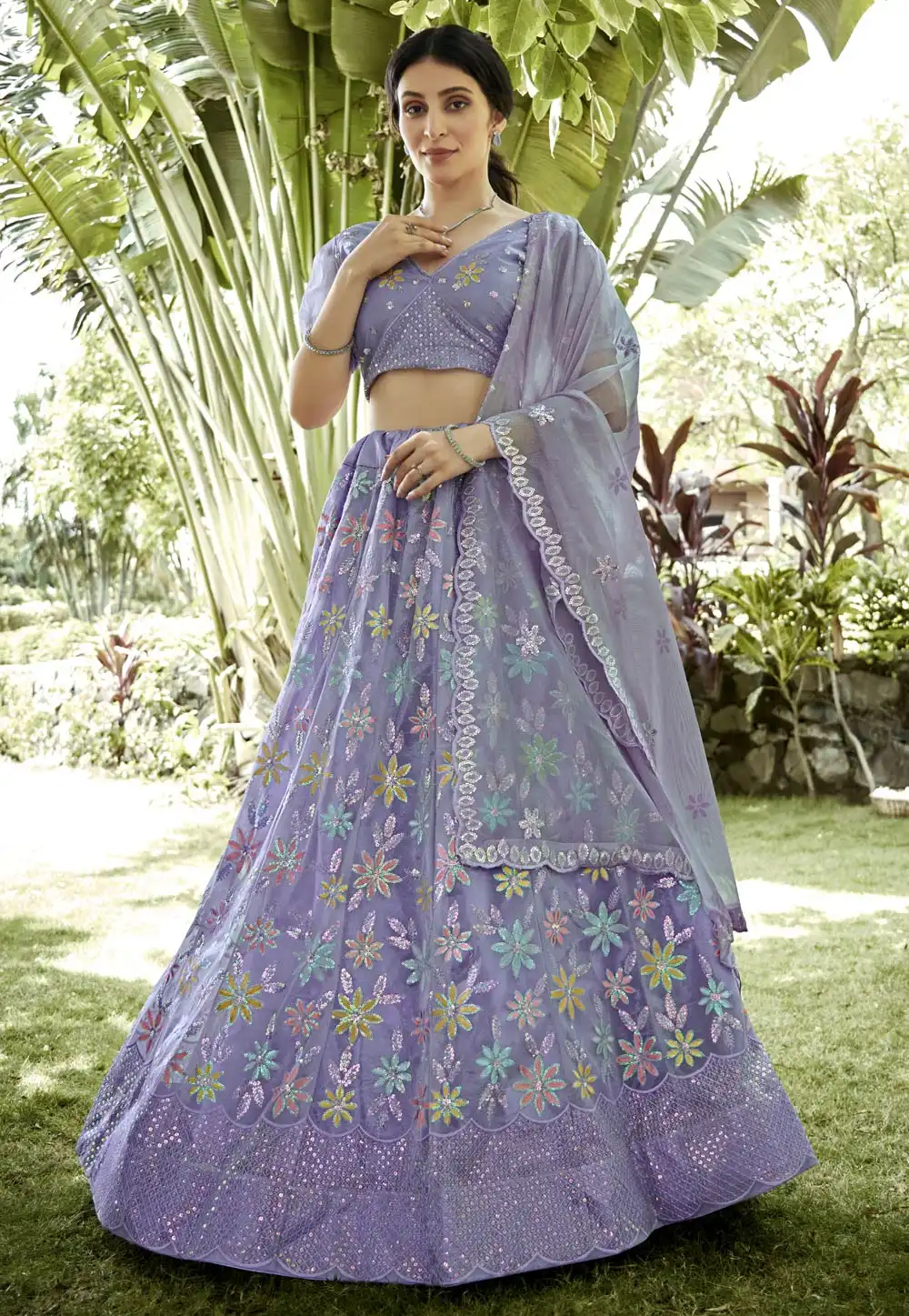 Lavender Silk Net Lehenga Choli 293974